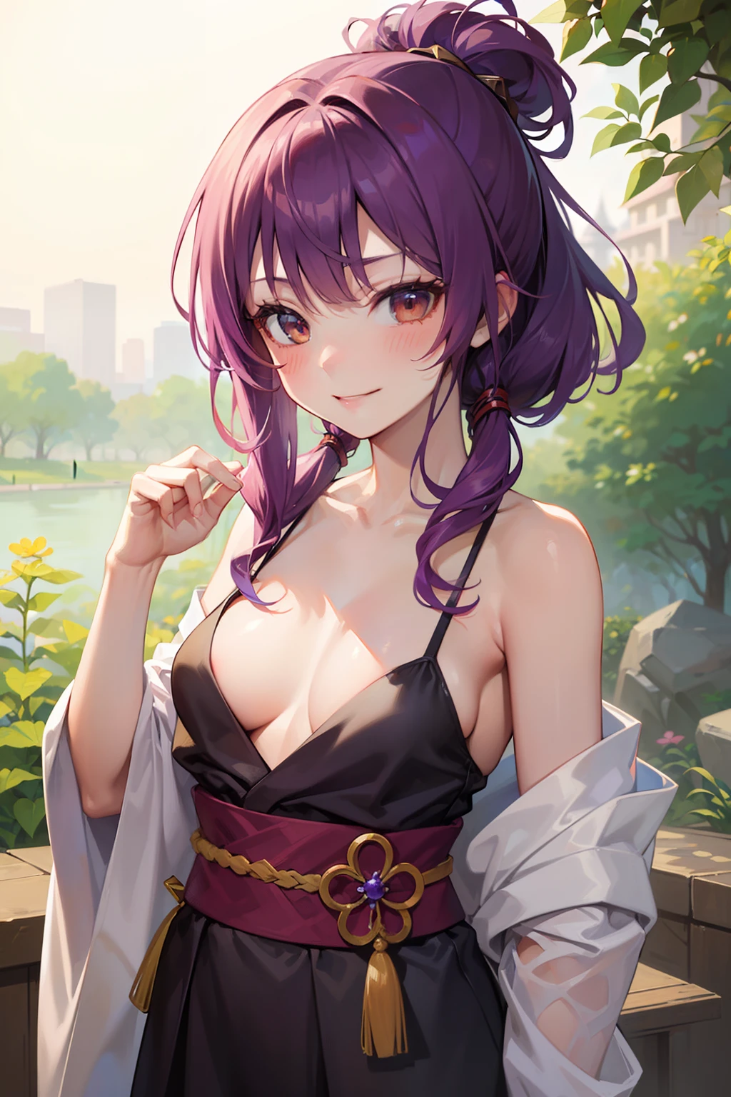 (best quality:1.1), (masterpiece:1.2), portrait, 1girl, yuzuriha_(jigokuraku), purple hair, brown eyes, ninja, open clothes, cleavage, small breasts, topknot, medium hair, breasts apart, white obi, smirk, outdoors, (blush:1.1), flowers (NSFW 1.5)