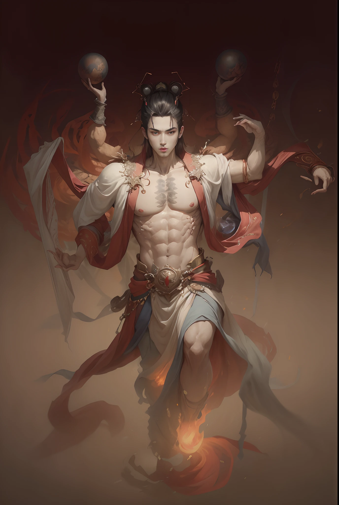 A man,Wu Yifan,Six arms,Exposing the pectoral muscles,mythical character,Moire,floated hair