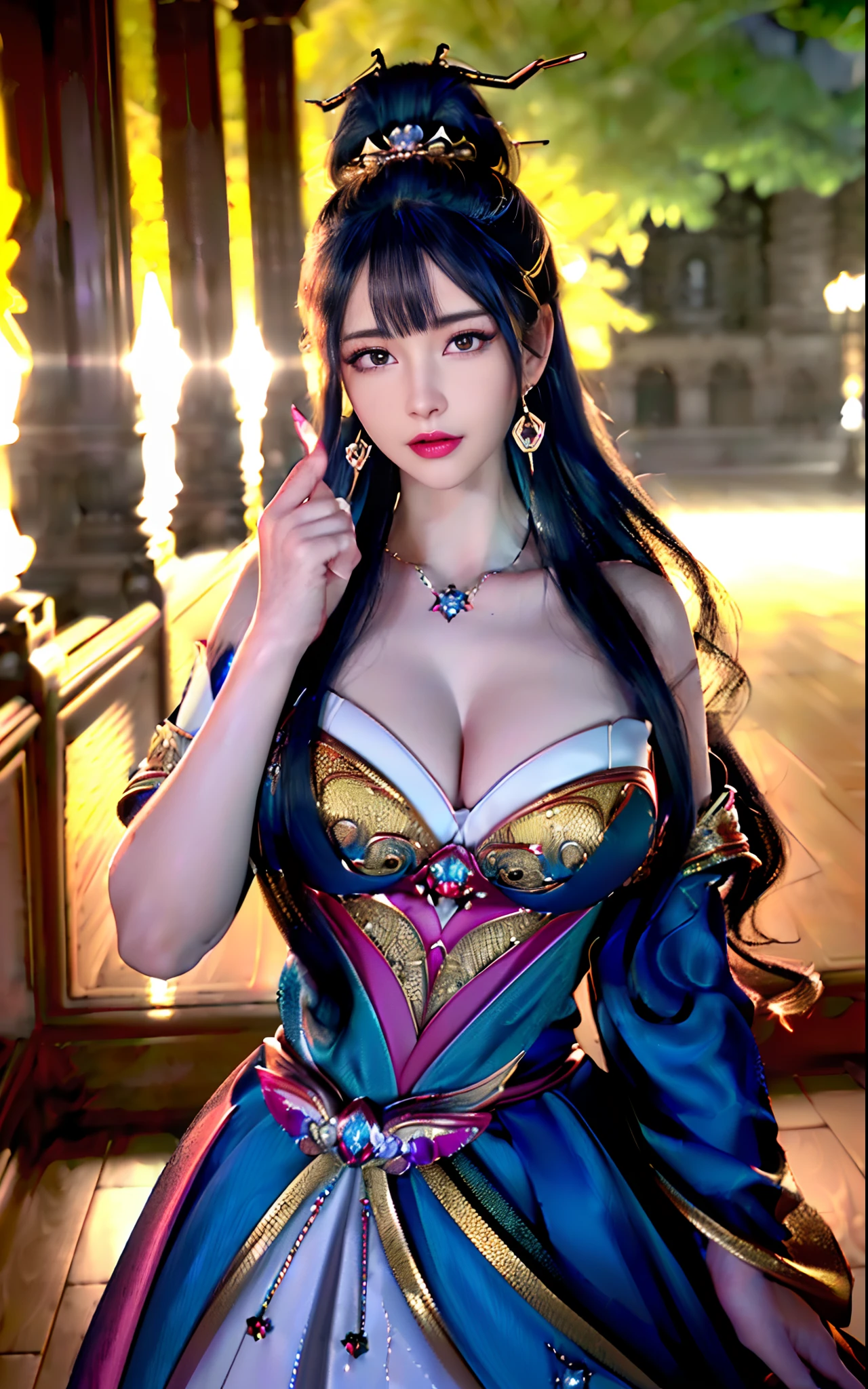 ((realisticity: 1.2)), ((realistic: 8K UHD)), ((best resolution: 8K UHD)), hyper detailed, best quality,masterpiece,highres,cg, ((1 girl hyper detailed and hyper realistic) ) , ((beautiful queen, hyper realistic and hyper detailed)),((white skin, beautiful, smooth, youthful, hyper realistic and hyper detailed )), ((Face hyper beautiful, white, hyper realistic and hyper detailed ) ), long hair, ((hyper realistic and hyper detailed dress)), solo, ((hyper realistic, hyper beautiful, beautiful and hyper detailed jewelry)), ((hyper beautiful deep red and golden yellow dress, hyper realistic and hyper detailed )) , ((Her pretty, hyper realistic, hyper detailed diamond filled earrings)), ((Her gorgeous diamond haircut, hyper realistic and hyper detailed)), ((hyper pretty upper body, hyper beautiful, hyper realistic and hyper detailed) ), ((medium breast: 1.5)), ((hyper realistic, hyper pretty, hyper detailed boobs)), ((the backgroun of the royal palace is hyper majestic, hyper realistic and hyper detailed)),((hands and palms hyper beautiful, hyper detailed, hyper realistic)), ((fingers: pinky finger, index finger, ring finger, middle finger, and thumb hyper realistic, hyper detailed, hyper beautiful)), ((hyper pretty, hyper pretty, hyper realistic and hyper detailed hair bun)), ((hyper pretty , hyper realistic and hyper detailed blue hair)), candid, Photo, high resolution, 8k , bokeh,