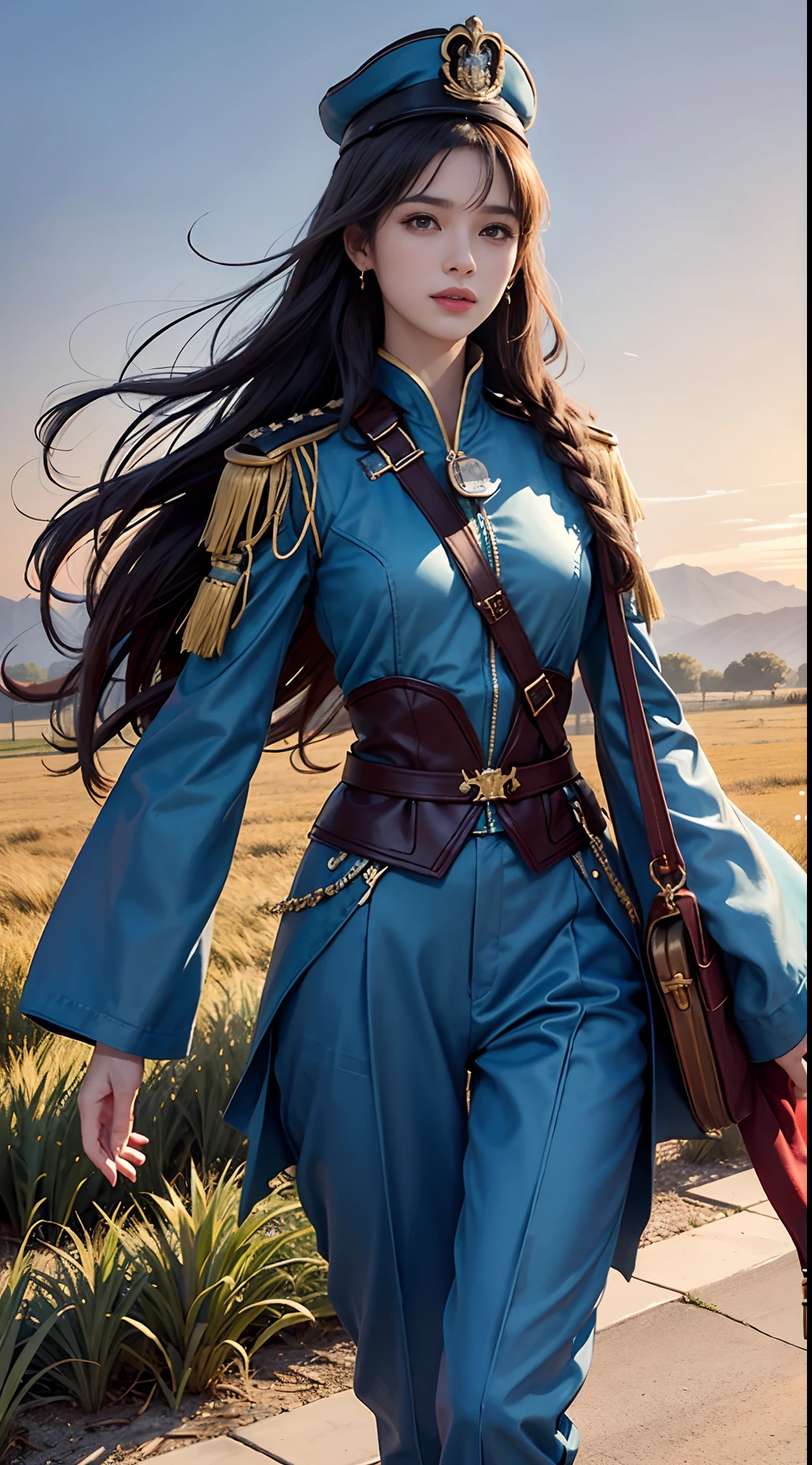 (best qualtiy,8K,32K,tmasterpiece,hyper HD:1.2),(realisticlying:1.5),(tmasterpiece,Extremely detailed CG unifies 8K, 8K, best qualtiy,A high resolution:1.2),(ultra - detailed,hyper HD:1.2),(2 pcs)Very cute and beautiful photos of Japanese women,(maroon,wavy and long hair:1.2),A S adult,(detailed beautiful girl:1.4),best qualtiy,woman,A S adult,(Detailed U.S. army suit:13,trouser:1.3,epaulette,Badge,Officer's cap),(Beautiful sunset US Air Force base runway view background:1.2,There were a lot of soldiers behind him:1.3),ssmile:1,looking at viewert,face to the viewer,((Perfect female body)),(a narrow waist:1.2),Slim,ventania,dynamicposes,cinematric light,Detailed clothes,perfect anatomia,perfectly proportions,detailed human body,walking towards camera,heroic look,((depth of fields)),Lunette de soleil