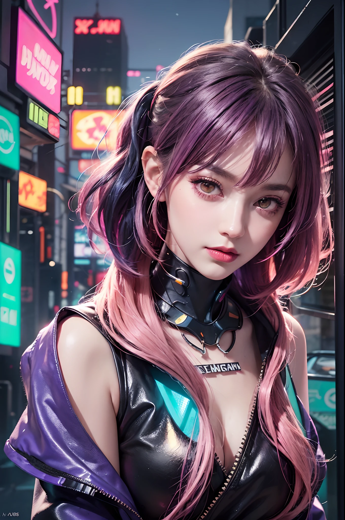 lucy \(cyberpunk\), 1girl, hair scrunchie, cut, Black and purple hair, colored tips, full moon, Orange eyes, looking at viewer, soft lighting, soft smile, medium hair, multicolored hair, parted lips, pink hair, portrait, red eyeliner, red lips, solo, cyberpunk \(series\), night in cyberpunk city with glowing neon lights