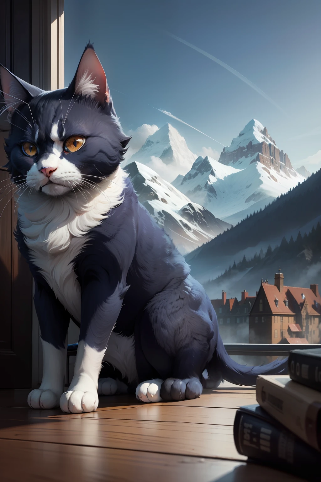 The demons,sly,British short blue and white cat,Dynamic depiction,evil look,Fantastic mountain view.