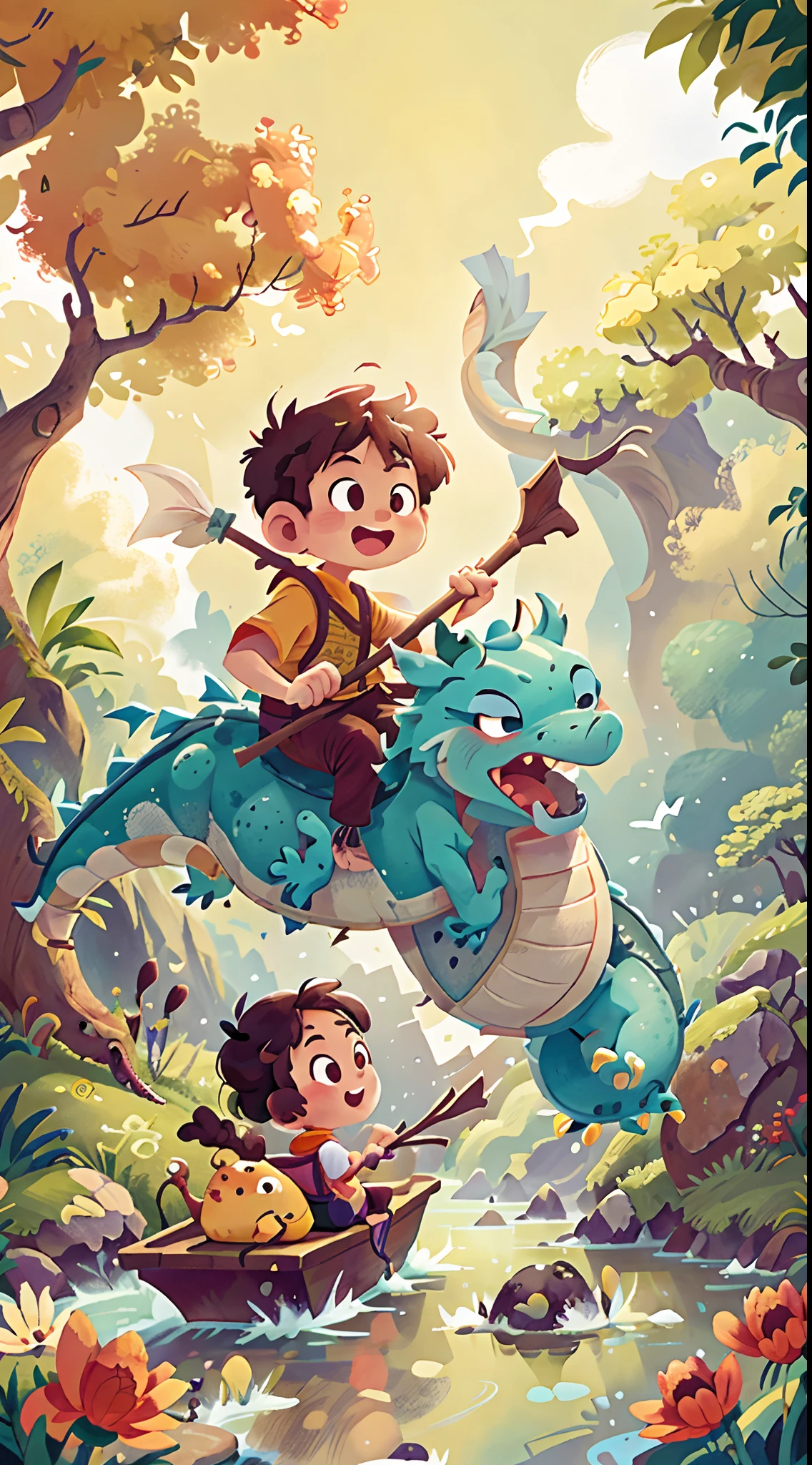 Poster design, (SFW), two rowing people, Chinese dragon, spring outing, happy, background is a small river interspersed in a Chinese street, perfect quality, clear focus, colorful, perfect face, complex details, ultra-low viewing angle, wide angle lens