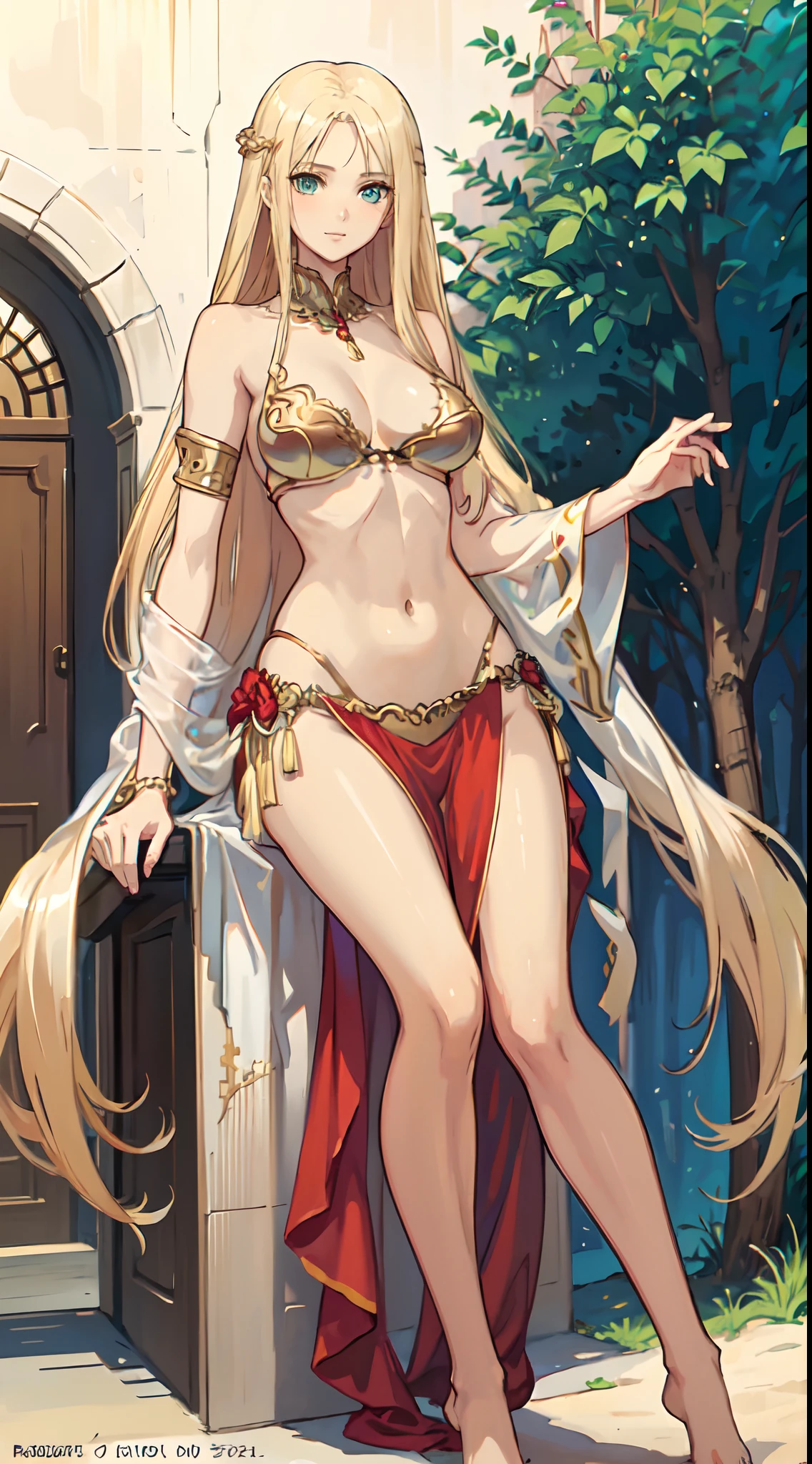 blonde hair, long hair, green eyes, with slender legs and an enticing beach pose, wearing a elegant red gown that shows off her navel, resembling an Arabian belly dancer. She has a short trimmed skirt and her flowing blonde hair is styled in a side ponytail. Her captivating blue eyes exude happiness, while her outfit highlights her alluring cleavage, happy