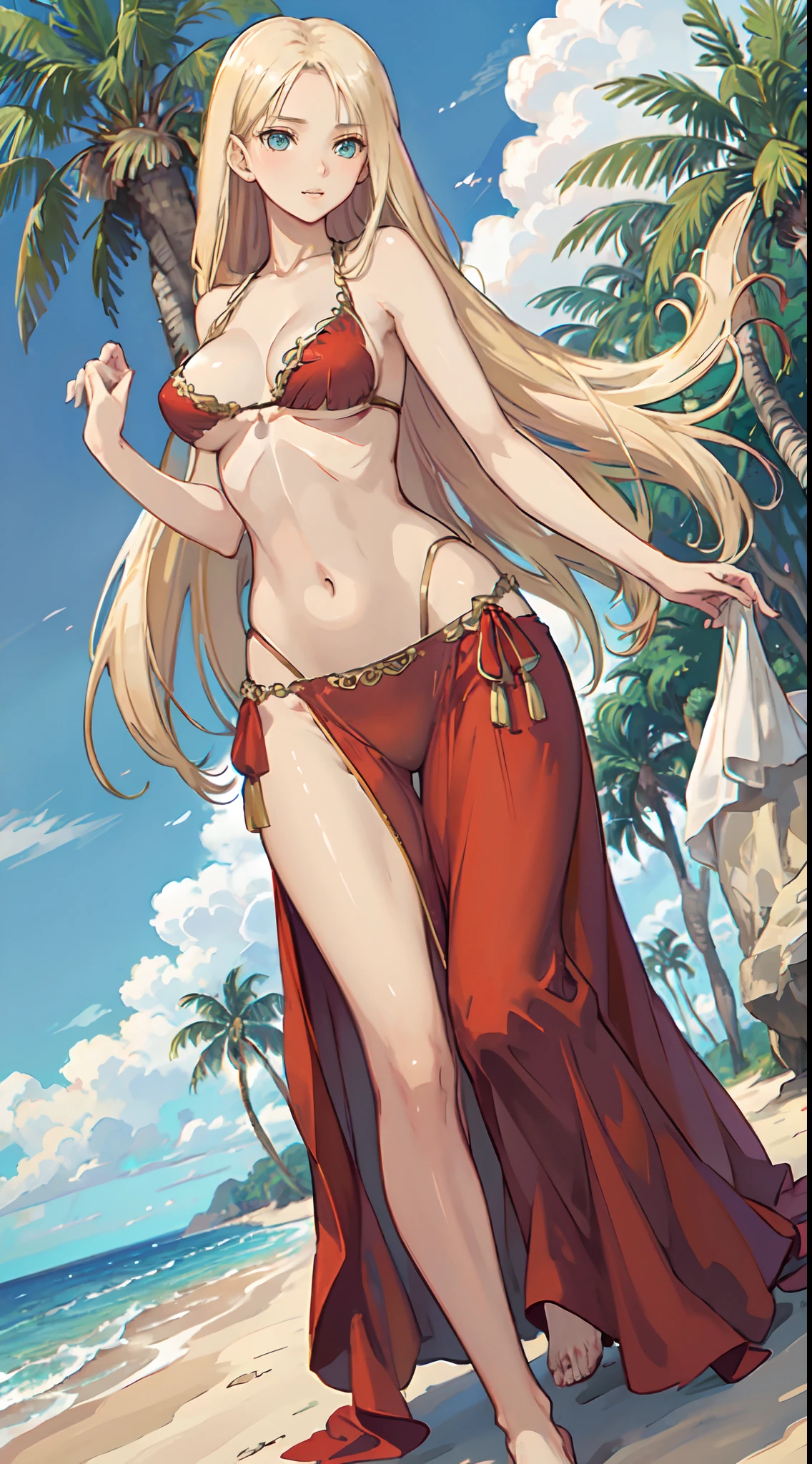 blonde hair, long hair, green eyes, with slender legs and an enticing beach pose, wearing a elegant red gown that shows off her navel, resembling an Arabian belly dancer. She has a short trimmed skirt and her flowing blonde hair is styled in a side ponytail. Her captivating blue eyes exude happiness, while her outfit highlights her alluring cleavage, happy