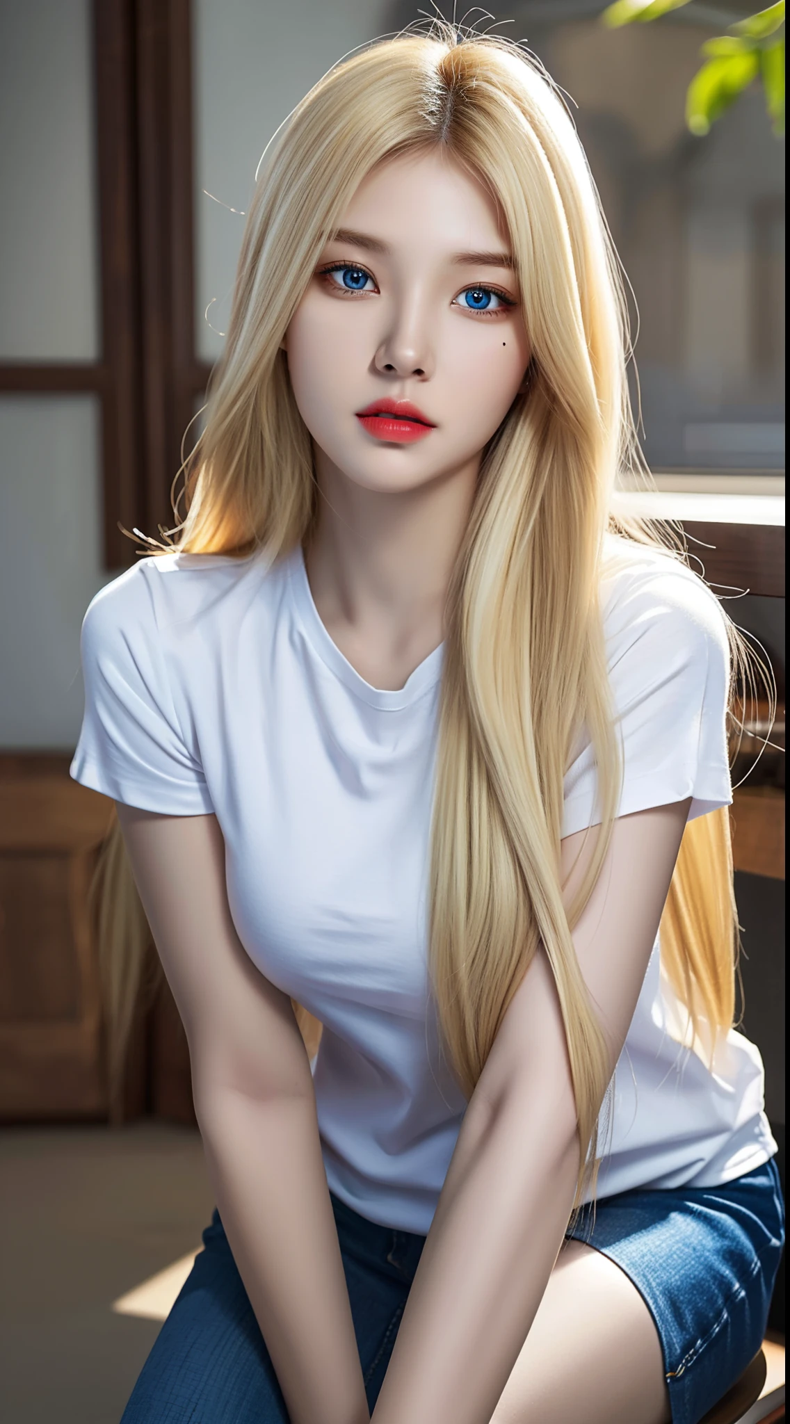 (hyperrealistic), (illustration), (high resolution), (8K), (extremely detailed), (best illustration), (beautiful detailed eyes), (best quality), (ultra-detailed), (masterpiece), (wallpaper), (photorealistic:1.4), (natural light), (rim lighting), (detailed face), high detailed realistic asian skin texture, anatomically correct, solo, 1 girl, (high detailed realistic long blonde hair:1.3), heterochromic eyes, (detailed blue eyes), small moles under the eyes, (big breasts:1.5), long legs, tight abs, dynamic pose, white tight t-shirt, (upon body from head to thighs:1.3)