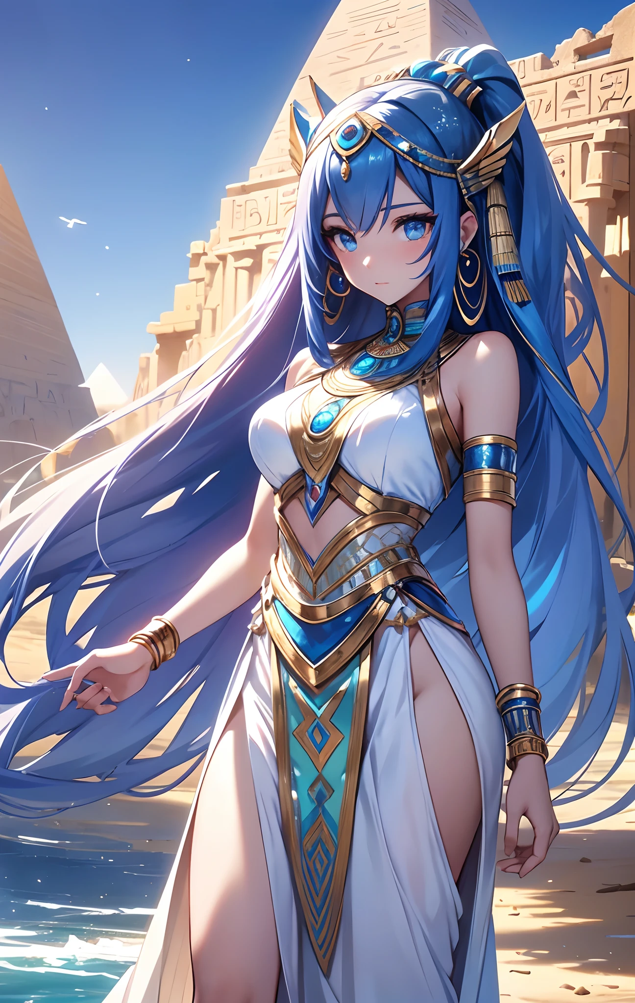 best qualityer，tmasterpiece，Ultimate resolution，downy，Extremely colorful，Colorful，Oasis background，Ancient Egyptian woman，Long azure hair，a matural female，Long white dress in Egyptian style，a white long skirt，Desert oasis，Nile River，Normal posture
