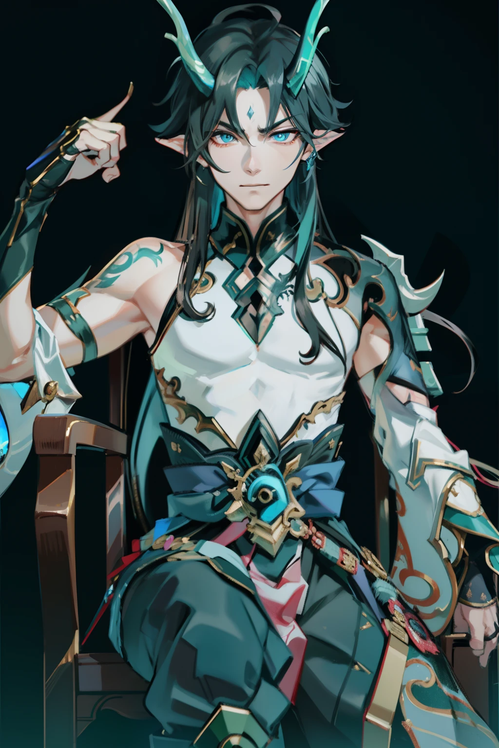 （absurderes，A high resolution，Hyper-detailing，hdr），Dragon's horn，younge boy，tmasterpiece，best qualtiy，1人，独奏，Handsome，Golden eyes，Fine eyes and detailed face，toppless，Tattooed with，arma，seated on a throne，pervert smirk，Abs，chest muscle，Raised sexy，Ruffian，Show your temperament，Male，masculine appeal，Male characteristics are distinct，Long messy hair，Arrogant self-confidence，Sitting majestically on the throne，Legs crossed