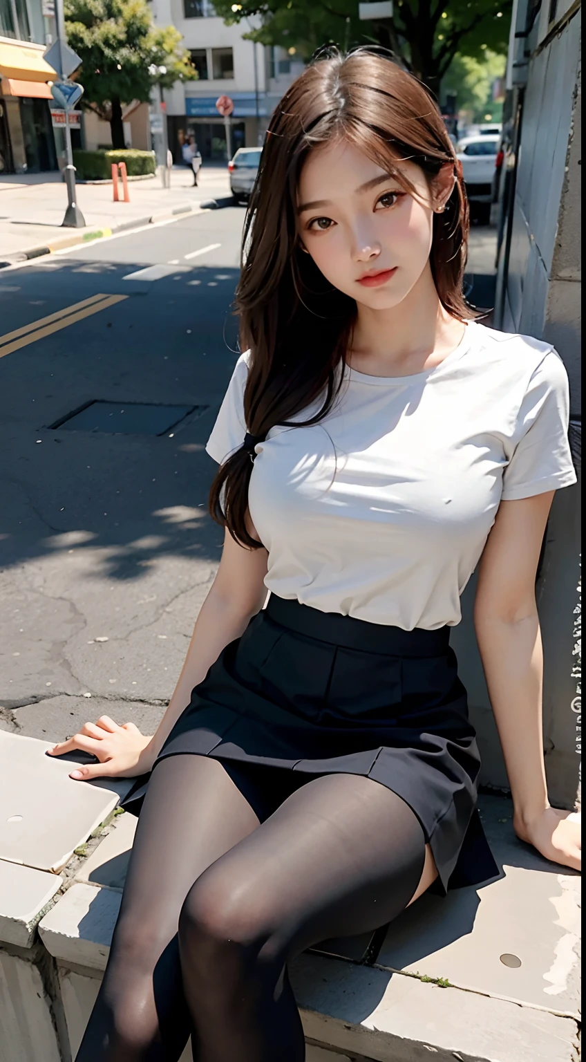 8K, Best quality at best, full-body portrait, Gorgeous Face, Pretty face, -yeld fee, Slender body type, OL Uniform, Office clothes, black tights, outdoor scene, sitting pose, Super mini skirt, Sorrisos, large full breasts, Legs slightly spread apart