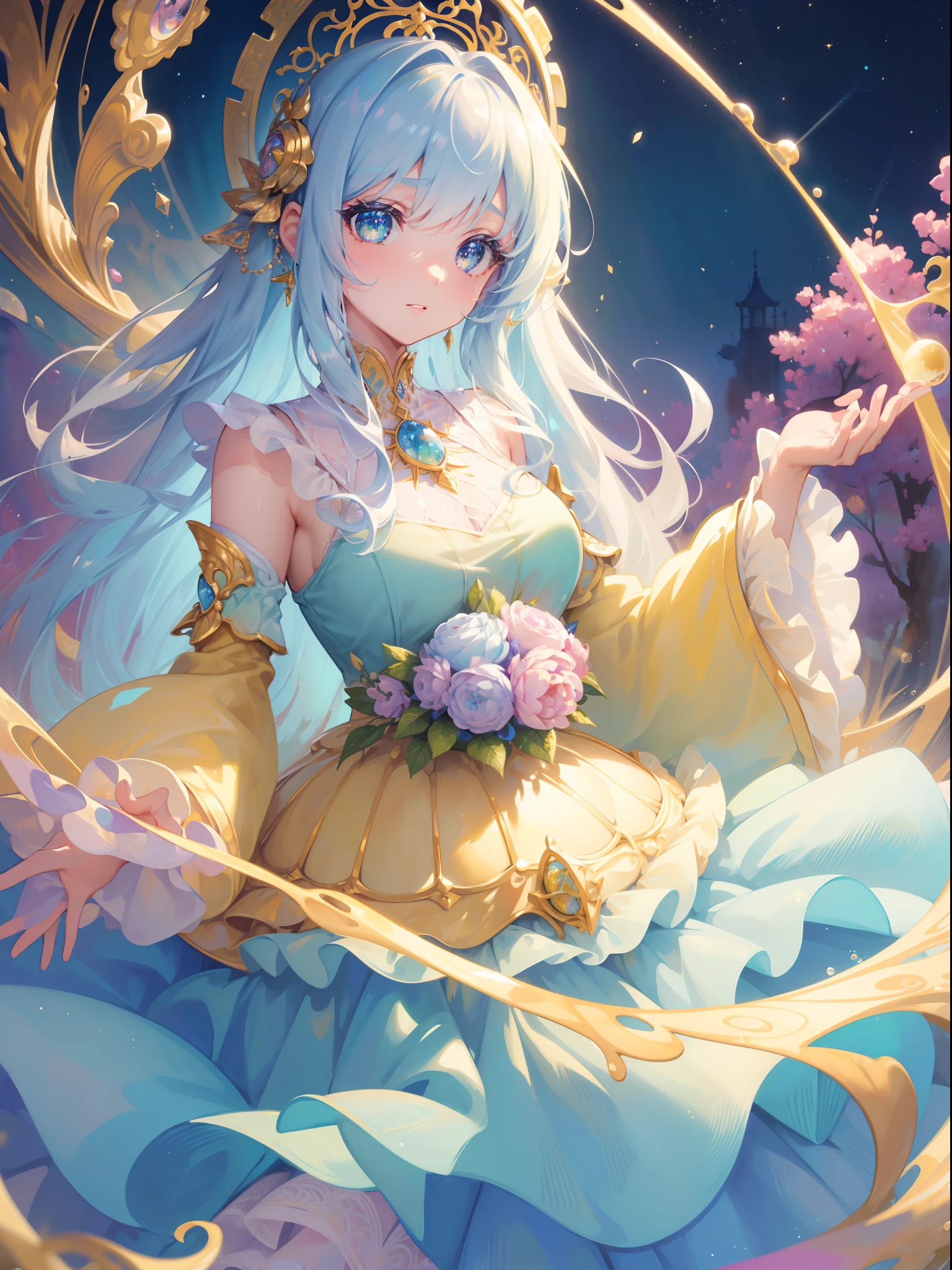 masterpiece, best quality, 8k resolution, sharp focus, intricate detail, beautiful girl, sparkling eyes, golden ratio face, otherworldly liquid, watercolor, pastel colors, bright colors, whimsical, colorful, sharp focus, high resolution, fine detail, ((layered tiered puffy long sleeves ballgown)), ((round eyes)), iridescent bubbles, fantasia background