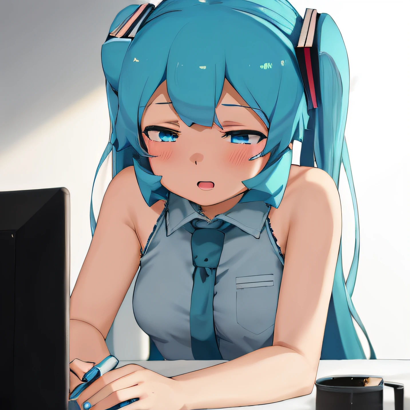 obra maestra, best_quality, 1girl, solo, abmayo, hatsune miku, fondo, escritorio, computadora, noche