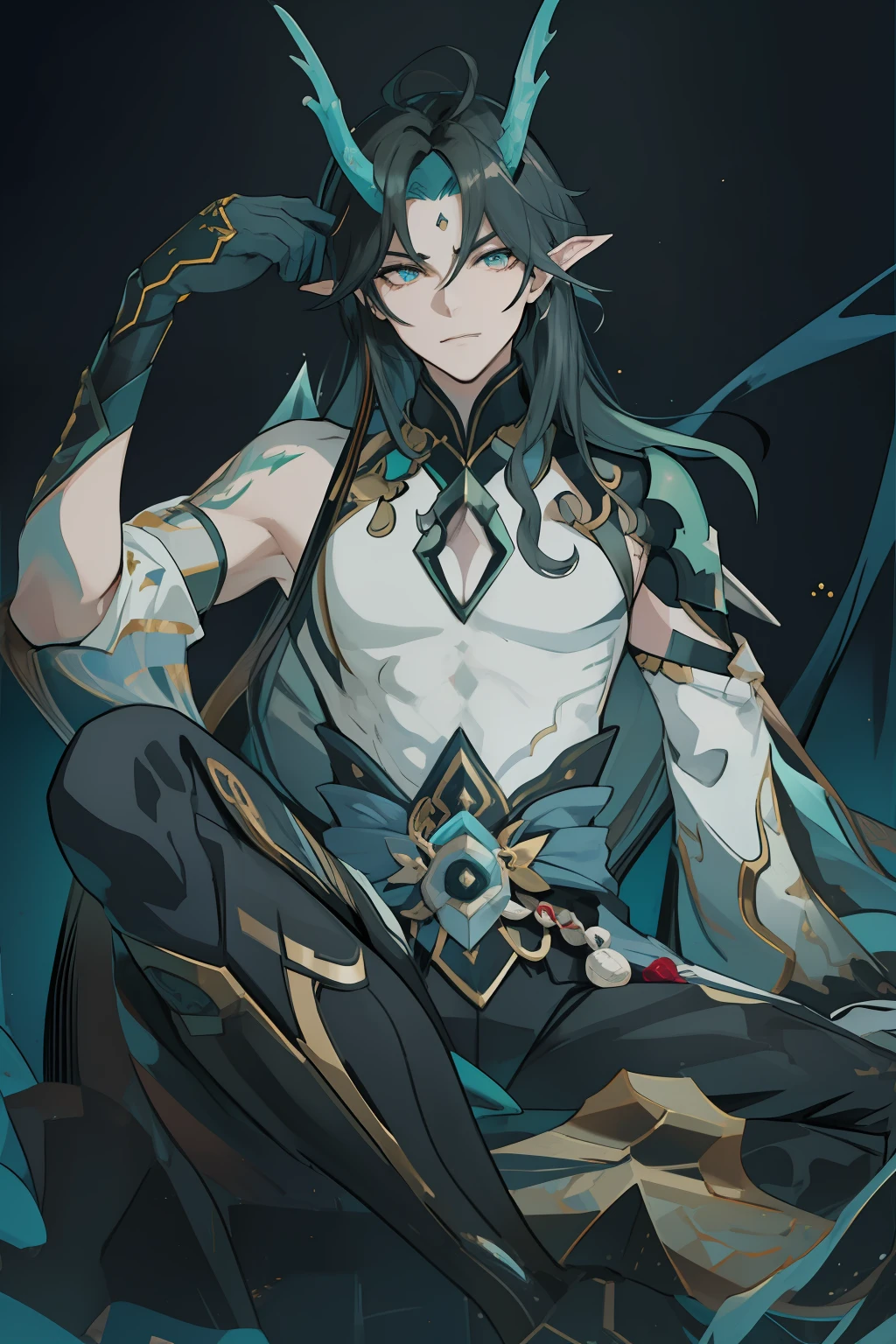 (absurderes,A high resolution,Hyper-detailing,hdr),Dragon's horn,younge boy,tmasterpiece,best qualtiy,1人,独奏,Handsome,Golden eyes,Fine eyes and detailed face,toppless,Tattooed with,arma,seated on a throne,pervert smirk,Abs,chest muscle,Raised sexy,Ruffian,Show your temperament,Male,masculine appeal,Male characteristics are distinct,Long messy hair,Arrogant self-confidence,Sitting majestically on the throne,Legs crossed