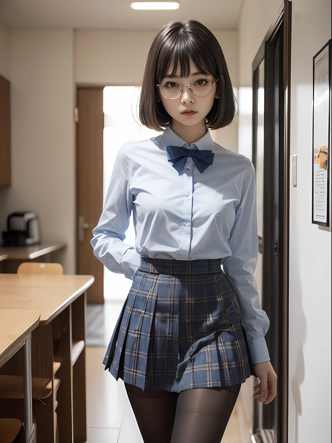 (Long bob cut),(Light blue bra shows through),（8K、Raw photography、top-quality、​masterpiece：1.2),glamor,Chromo-white skin,cocky,School,watching at viewers,Looking at the front,Muchimuchi,Erotic,Pupils,de pele branca,kne,Student Bag((Black pantyhose)),absurderes,a small face,small tits,flat breast,Parting the bangs from the middle、Forehead visible,(a cold expression,Tight eyes,glares,Bullish,skinny,Rasping,irate)、​masterpiece,top-quality、超A high resolution,Raw photo,ren,Beautiful fece,One Person, 独奏,eye glass,,Dark look,Small breasts,fullllbody,Round glasses,JK school uniform,hi-school girl,A Japanese Lady,is standing,（Photorealsitic：1.37）、Photon mapping,Realistic、Beautie,Cute little face,Brown-eyed、Black socks、(Red bow tie)、Radio City、Physically Based Rendering、depth of fields、Blurry background、a picture,Body,beauty legs, Long legs, Thin leg,(Bangs are visible), hair, s lips, Blue_The eye, nosesoft,(Light blue shirt), (Navy and blue and white plaid pleated skirt), Knees are visible,Sheer clothing,, Thigh, Black cotton socks,Nogizaka Idol, 女優, Japanese ido