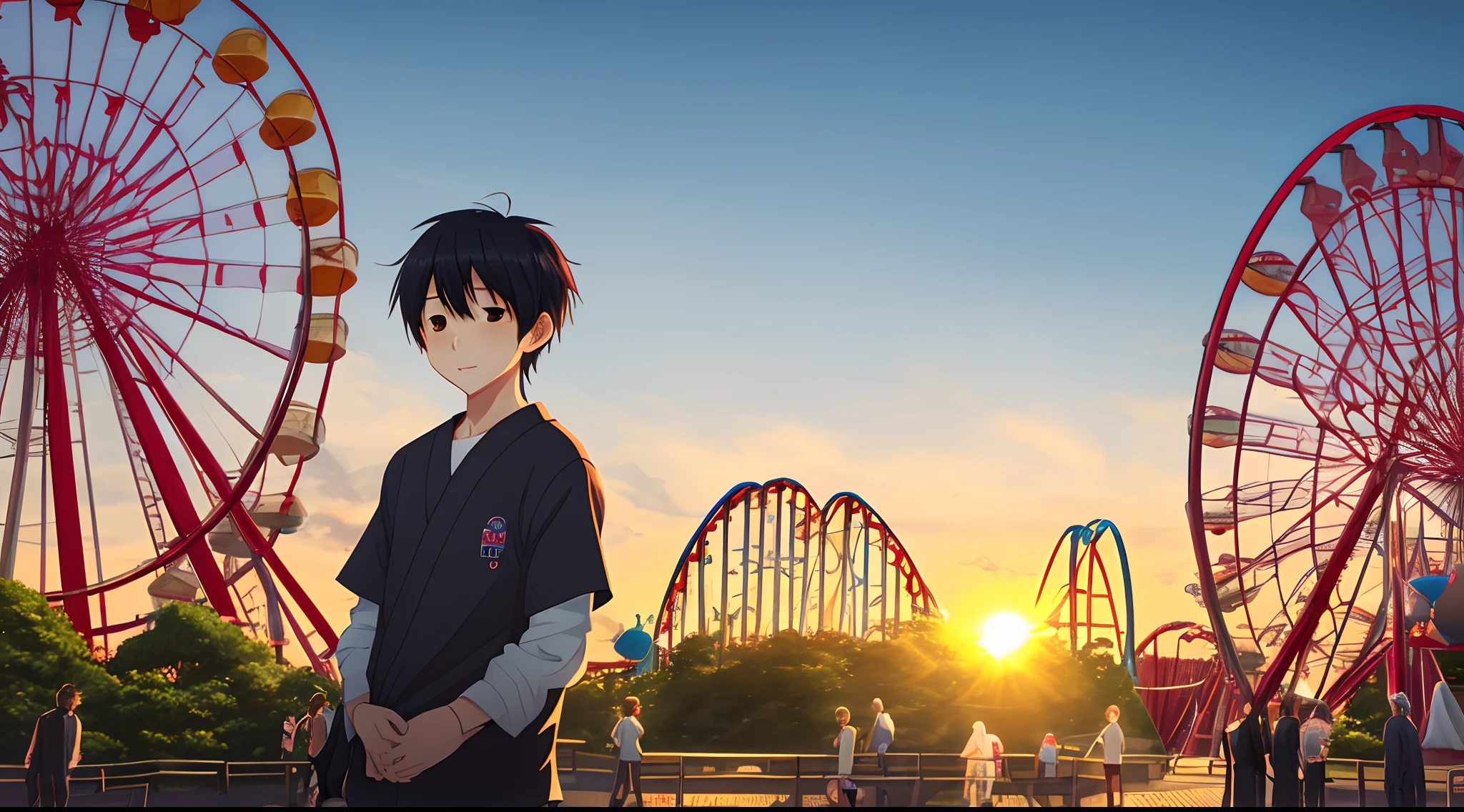 Japan boy who came to the amusement park　Illuminated by the setting sun　Anime and CG combined