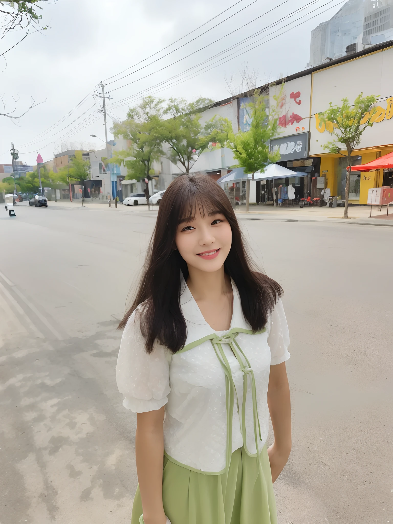 ((Best quality, 8k, Masterpiece :1.3)), 1girl, smiling, full body, slim face, Pretty woman, (Dark brown hair), full length dress :1.1, Ultra-detailed face, Detailed eyes, Double eyelid, blur background, slim face, city, outside, street,