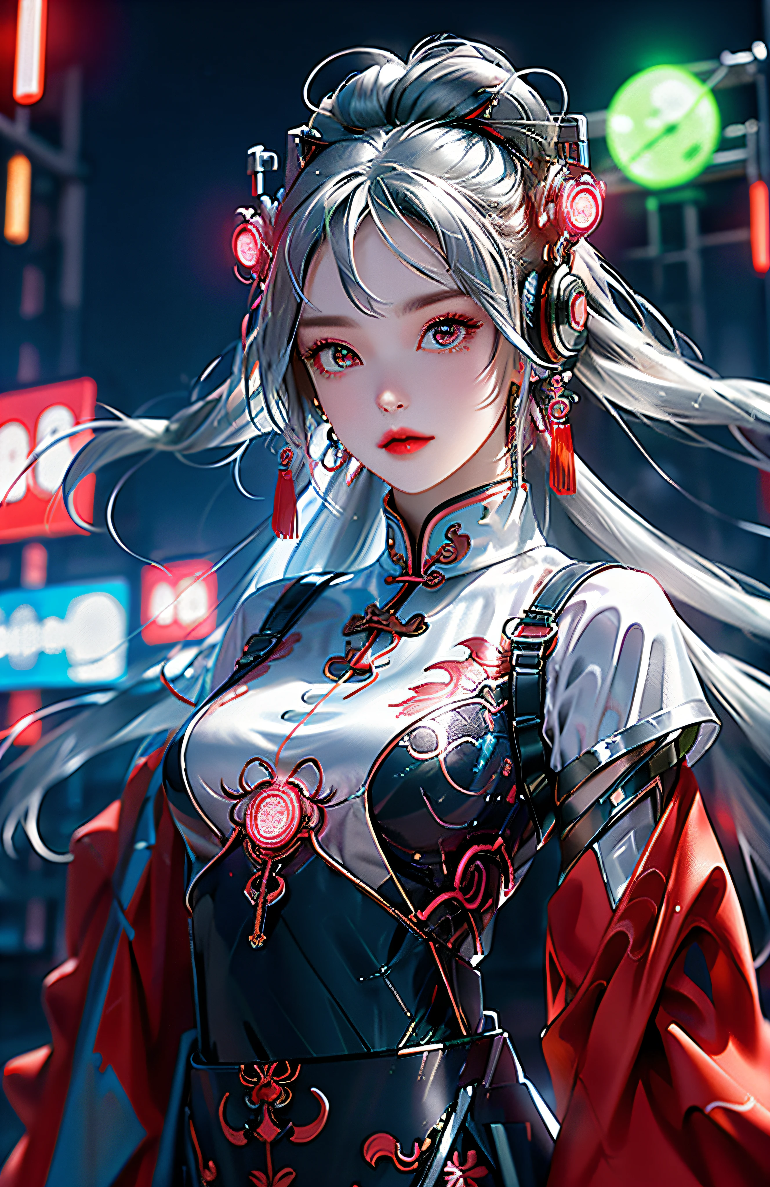 1 girl, Chinese_clothes, liquid silver and pink, cyberhan, cheongsam, cyberpunk city, dynamic pose, glowing headphones, glowing hair accessories, long hair, glowing earrings, glowing necklace, cyberpunk, high-tech city, full of mechanical and futuristic elements, futuristic, technology, glowing neon, pink, pink light, transparent tulle, transparent streamers, laser, digital background urban sky, big moon, with vehicles, best quality, masterpiece, 8K, character edge light, Super high detail, high quality, the most beautiful woman in human beings, smiling slightly, face facing front and left and right symmetry, ear decoration, beautiful pupil light effects, visual data, silver-white hair, hair is not messy, long hair over the waist, luminous electronic watch, deep eyes, happy, Chinese graffiti lying down, UHD dashboard, floating data