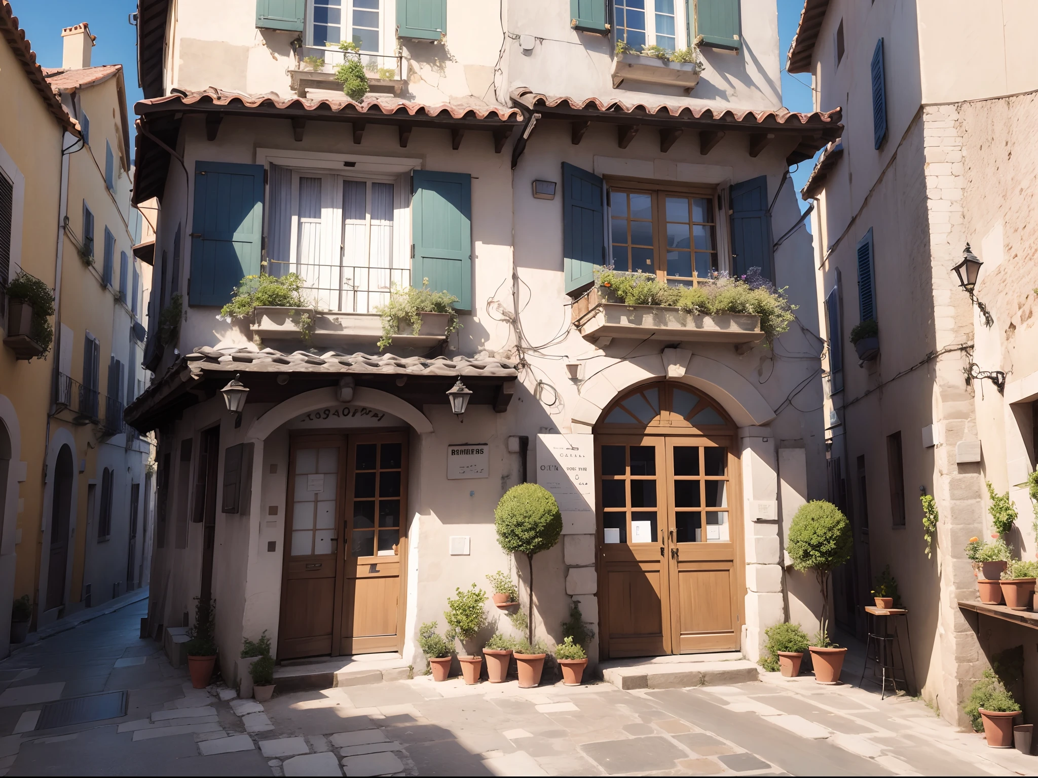,by Raphaël Collin, French architecture, Exterior of French Village, Large windows to Frenchtown, Blue shutters on windows, by Etienne Delessert, un restaurant avec une terrasse, Style Directory, pub, lourmarin, by Valéria Dénes, Richmond Walte, 真实感、unmanned、leisure、Silence、animesque、Anime Background、Guibli、Italy、Spain,No humans、The roads are a mess、Dry Town