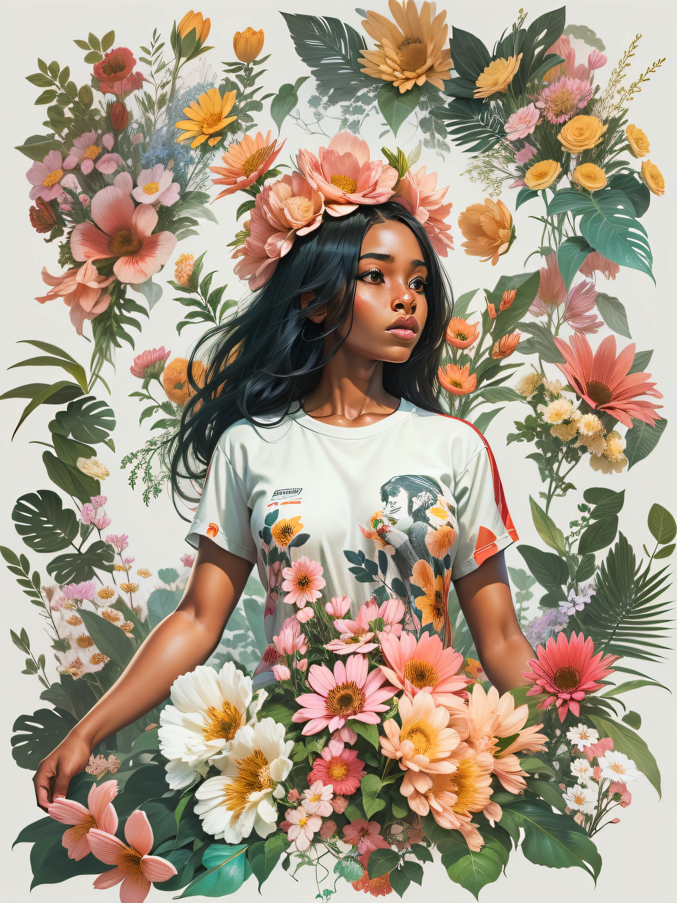 young Black woman, wearing bikini according to short flowers, with long black hair, surrounded by various flowers, realistic style image, surrounded by vibraprint ready vector T-shirt design, white background, side view, sticker, clean white background, professional vector, high detail, t-shirt design, vibrant.