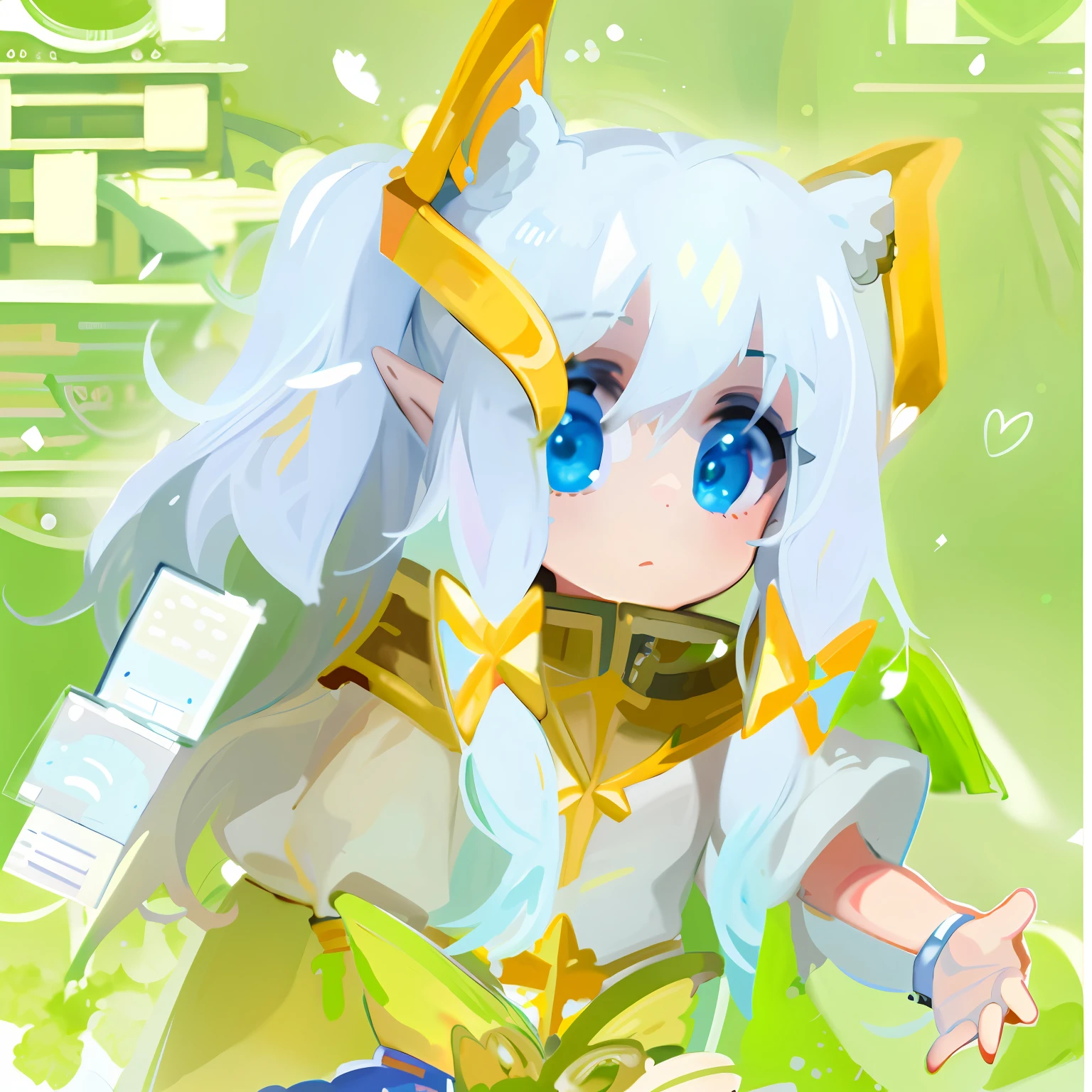 Anime girl with sword and green background, Portrait Chevaliers du Zodiaque Fille, Pisif, knights of zodiac girl, Pisif style, Pisif Contest Champion, Genshin, white cyan, Loli, Anime moe art style, at pixiv, Waifu, Digital art on Pisif , Keqing from Genshin Impact, White-haired god, Happy anime goddess, Beautiful anime style girl, Clear facial details, Matching clothes, Similar colors, Glow shadows, beautiful gradation, Depth of field, Clear image, High quality, High detail, high resolution, Graphic luminous studio engine, Cute face, Slim waist, Beautiful buttocks，Curran, White-cyan hair, Color, Blue eyes, Pointy ears,light pupils,the elf。