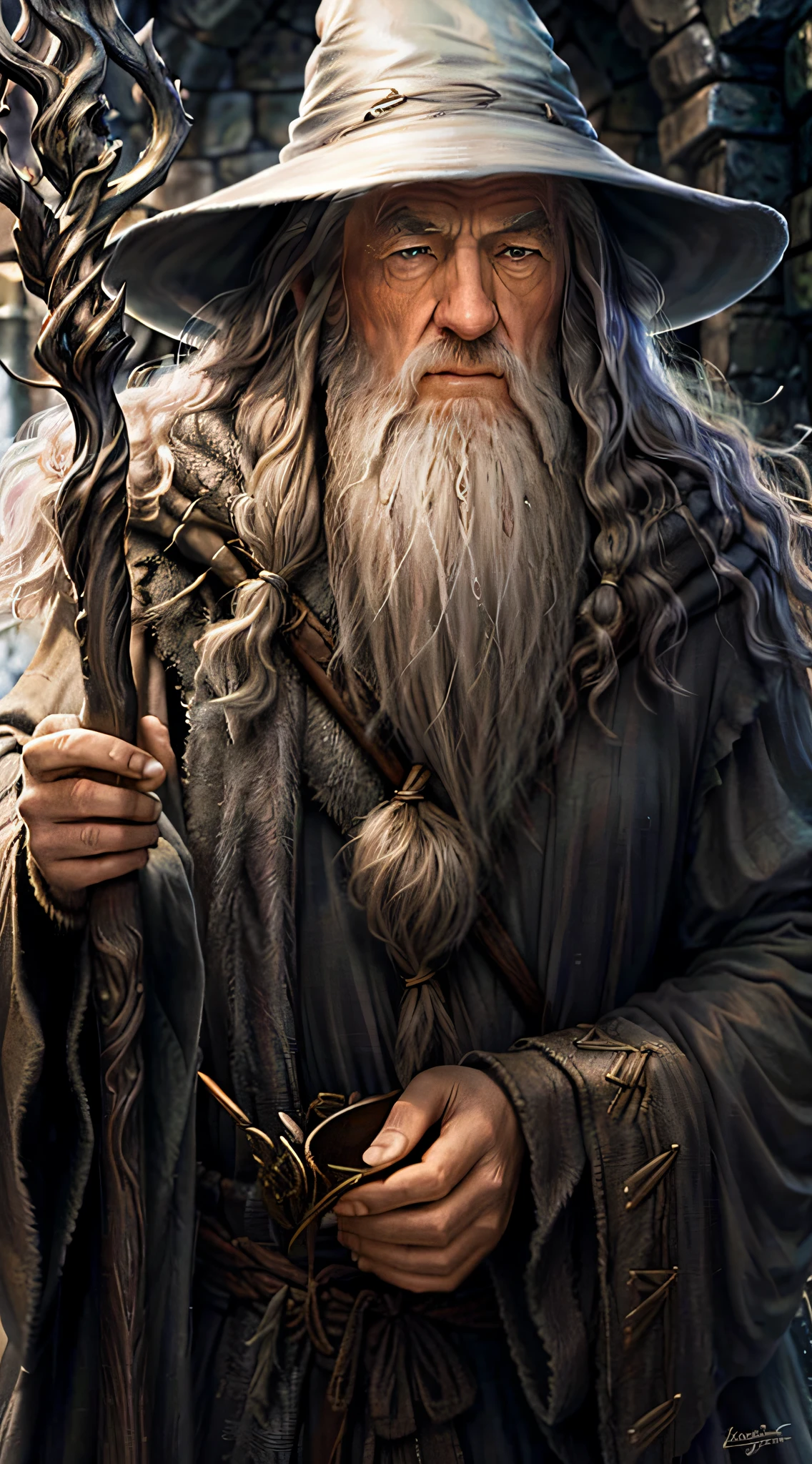 gandalf, wise, Wizard, high contrast, (natural skin texture, hyperrealism, soft light, sharp),