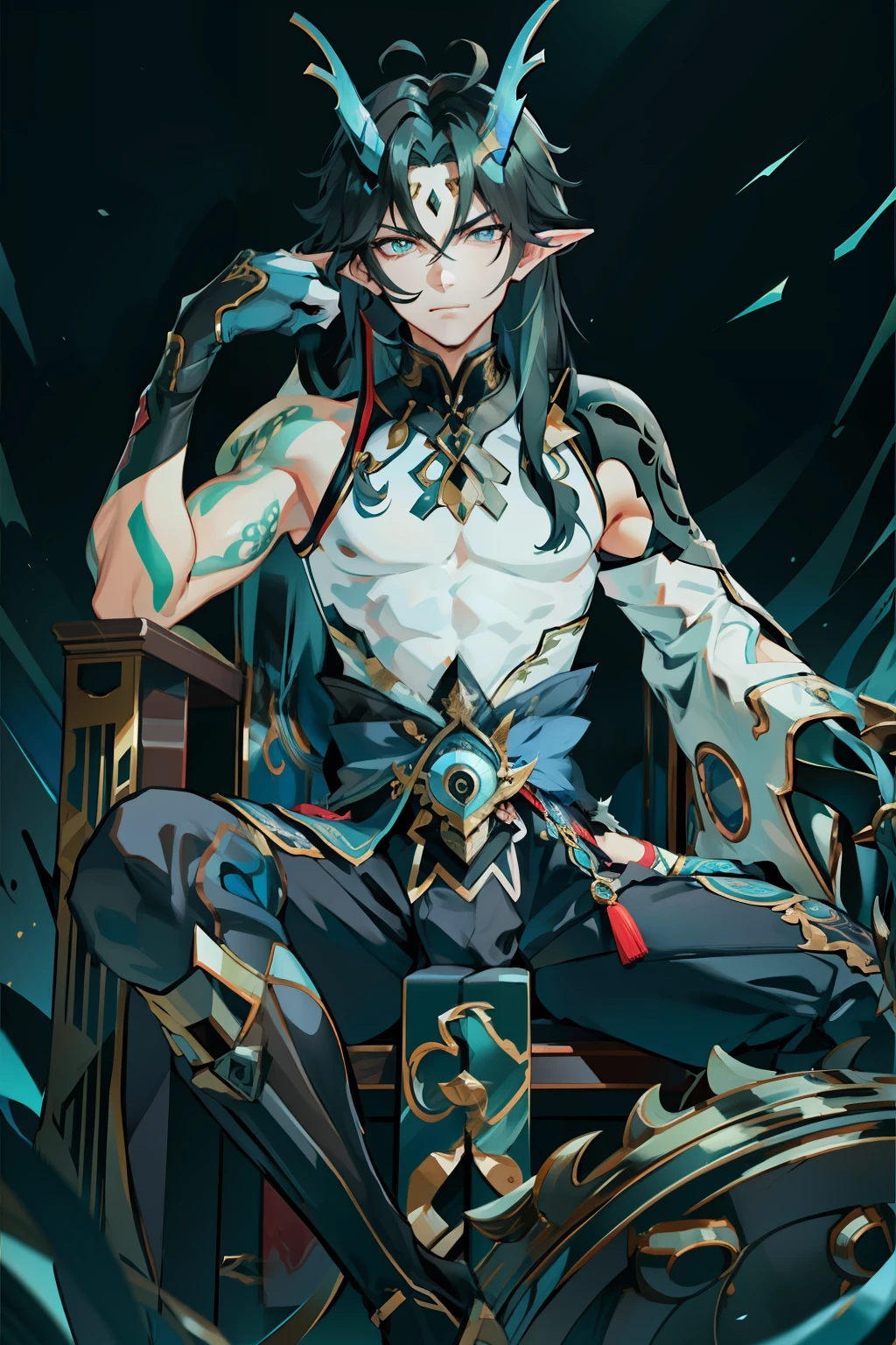 （absurderes，A high resolution，Hyper-detailing，hdr），Dragon's horn，younge boy，tmasterpiece，best qualtiy，1人，独奏，Handsome，Golden eyes，Fine eyes and detailed face，toppless，Tattooed with，arma，seated on a throne，pervert smirk，Abs，chest muscle，Raised sexy，Ruffian，Show your temperament，Male，masculine appeal，Male characteristics are distinct，Long messy hair，Arrogant self-confidence，Sitting majestically on the throne，Legs crossed