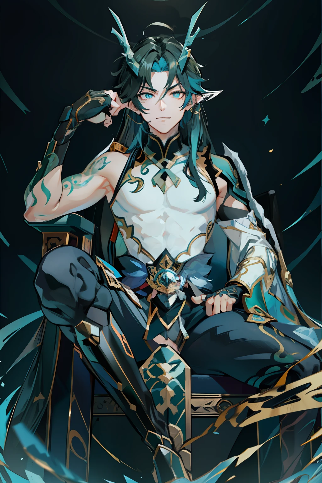 (absurderes,A high resolution,Hyper-detailing,hdr),Dragon's horn,younge boy,tmasterpiece,best qualtiy,1人,独奏,Handsome,Golden eyes,Fine eyes and detailed face,toppless,Tattooed with,arma,seated on a throne,pervert smirk,Abs,chest muscle,Raised sexy,Ruffian,Show your temperament,Male,masculine appeal,Male characteristics are distinct,Long messy hair,Arrogant self-confidence,Sitting majestically on the throne,Legs crossed