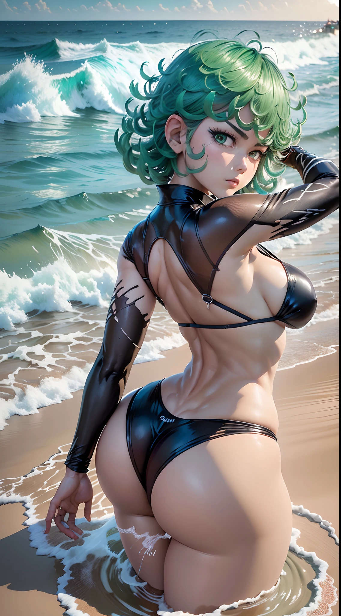 (Obra maestra, Vibrante escena de playa:1.2), (Tatsumaki de One Punch Man:1.5) , (Enjoying a sunny day:1.1), (con un bikini negro de tanga:1.4), (Well-endowed bust and curvilinear melt:1.4) , (cuerpo proporcional a pesar de su baja estatura:1.1), (Photograph taken from behind to highlight your buttocks:1.5) , (Slowly turning to look at the camera:1.2), (playful expression:1.1), (capturando su belleza y confianza:1.1), (Ambiente junto al mar:1.1), (Refreshing ocean waves:1.1) hiperdetallado, Detalles locos, bellamente graduado de color, Motor irreal, DOF, Super-Resolution,Megapixel, Cinematic Lightning, Antialiasing, FKAA, TXAA, RTX,SSAO,Procesamiento posterior, Post Production, Mapeo de tonos, .cgi, VFX, SFX, insanely detailed and intricate , Hiper maximalista, hiperrealista, volumetic, fotorrealista, ultra fotorrealista, Ultra detallado, Detalles intrincados,8k, Super detailed , a todo color, volumetric illumination, HDR, realista, Motor irreal, 16k, foco nítido. Renderizado de octanaje
