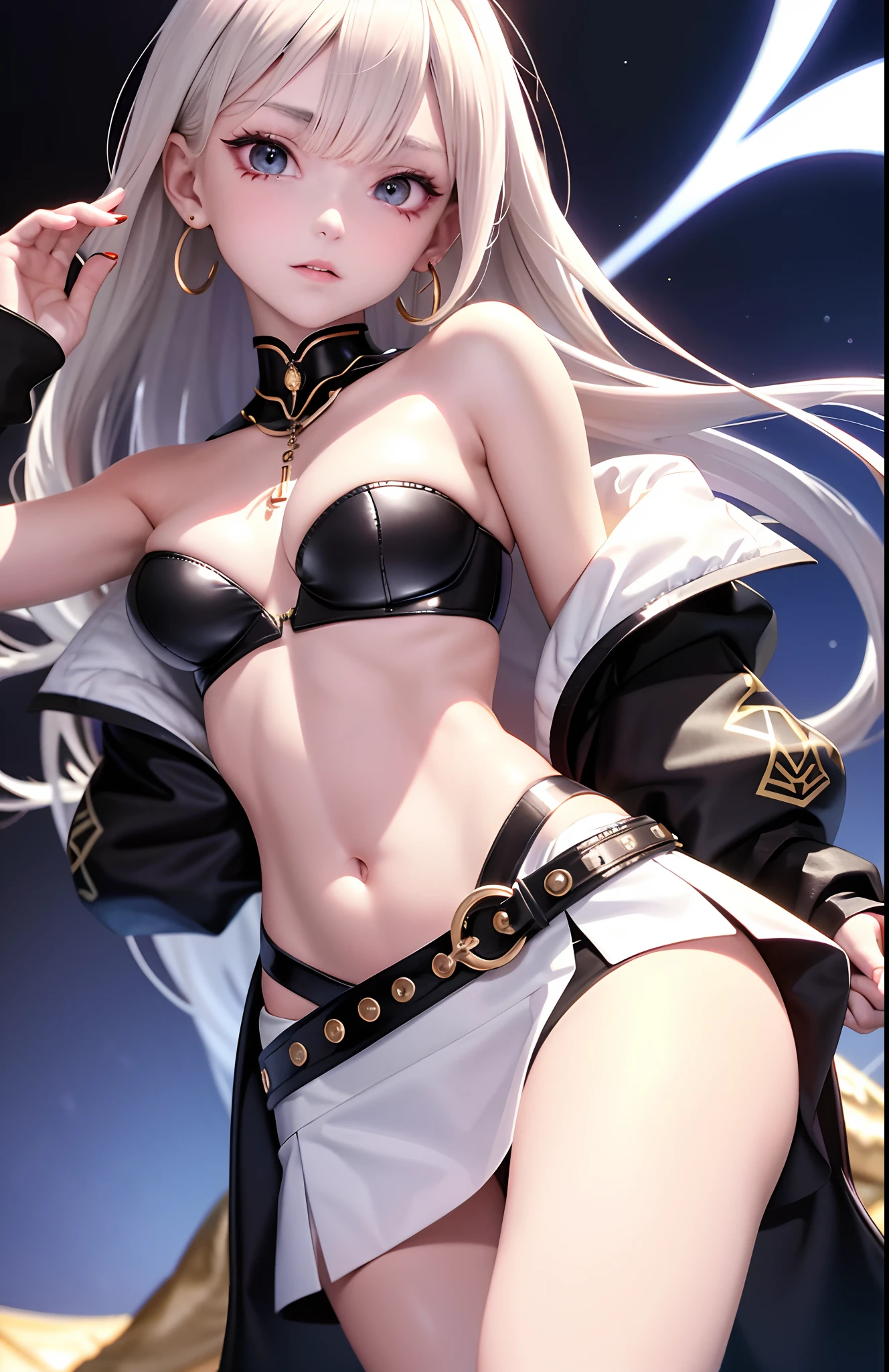 optimum,tmasterpiece,A high resolution,best qualtiy,hyper HD,super detailing,Award-Awarded,16k,独奏,(The upper part of the body),anatomy correct,Beautiful cyberpunk girl,Ex Machina,cute face,high light,Gradient Beige Hair,Hairline,((Scarlet eyes)),long eyelasher,Hanging eye corners,White skin of the,(small boobs),(Slim body),((off-shoulder_shirt)),((high-waist_Skirt)),(),ear studs,(neck rings),(Laser material clothing:1.2)