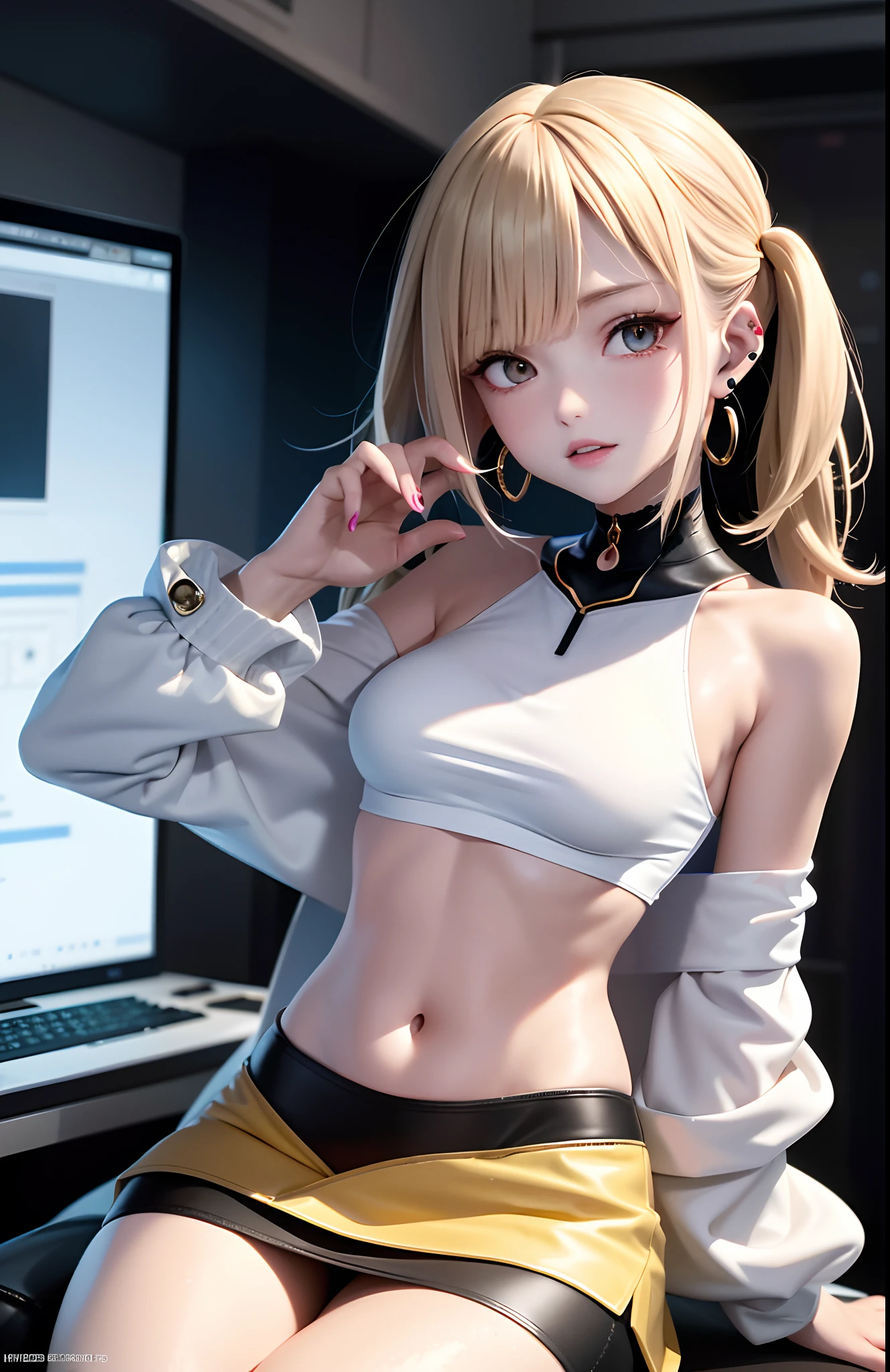 optimum，tmasterpiece，A high resolution，best qualtiy，hyper HD，super detailing，Award-Awarded，16k，独奏，（The upper part of the body），anatomy correct，Beautiful cyberpunk girl，Ex Machina，cute  face，high light，Gradient Beige Hair，Hairline，（（Scarlet eyes）），long eyelasher，Hanging eye corners，White skin of the，（small boobs），（Slim body），（（off-shoulder_shirt）），（（high-waist_Skirt）），（），ear studs，（neck rings），（Laser material clothing：1.2）