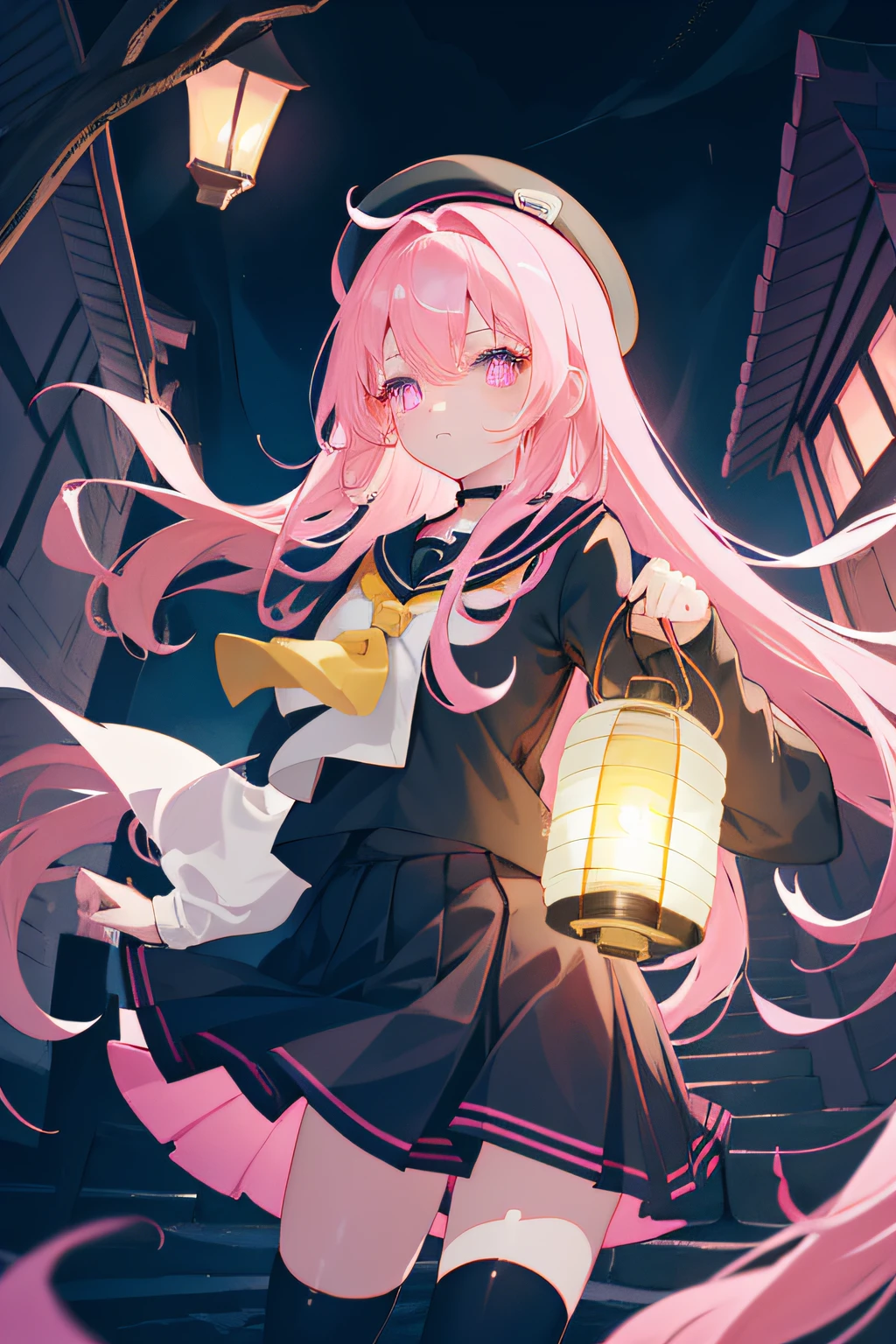dreamy, A beautiful girl, anime style girl, pink eyes, long pink hair, wearing black sailor suit, long sleeves, black skirt, black stockings, pink, and black, holding lantern, in the old house, scary, dark, in night