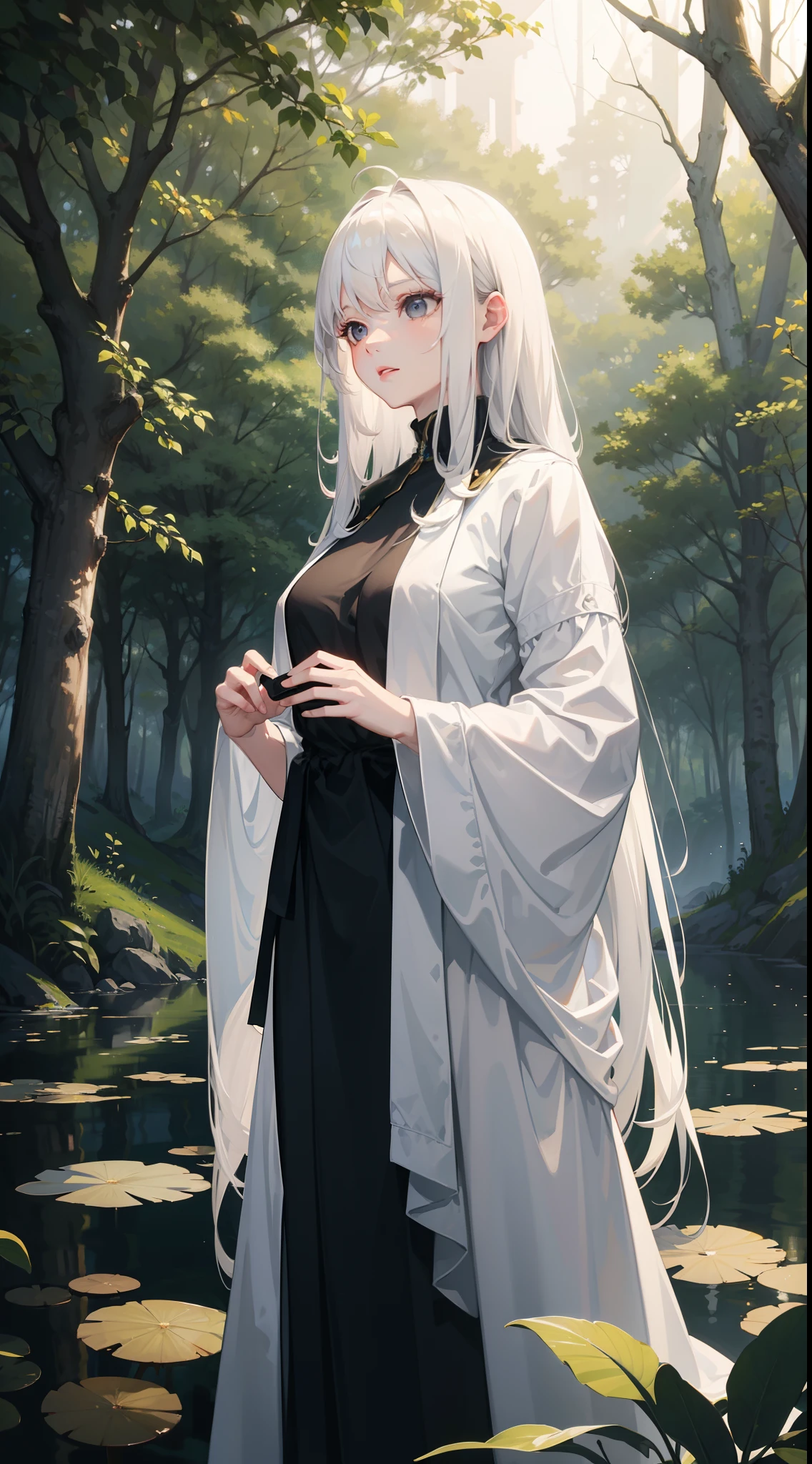 best quality, masterpiece, 1 girl, very long hair, white hair, black eyes, , no clothes, perfect face, realistic, standing in the forest, trees, forest, pond, lake, waterfall
