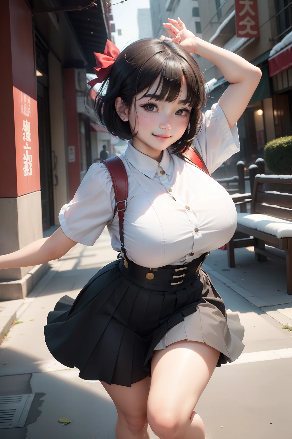 A high resolution，High- sharpness，chineseidol，Urban female high school student，short detailed hair，Big bright eyes，Cute and gentle baby fat round face，Delicate makeup，Smooth, flawless snow-white skin，Moles in the corners of the eyes，Warm smile，Stretched limb movements，vivaciousness，energetic，Full of vitality，Suspenders，Board shoes，Cheerful personality，Have pets，Delicate hands