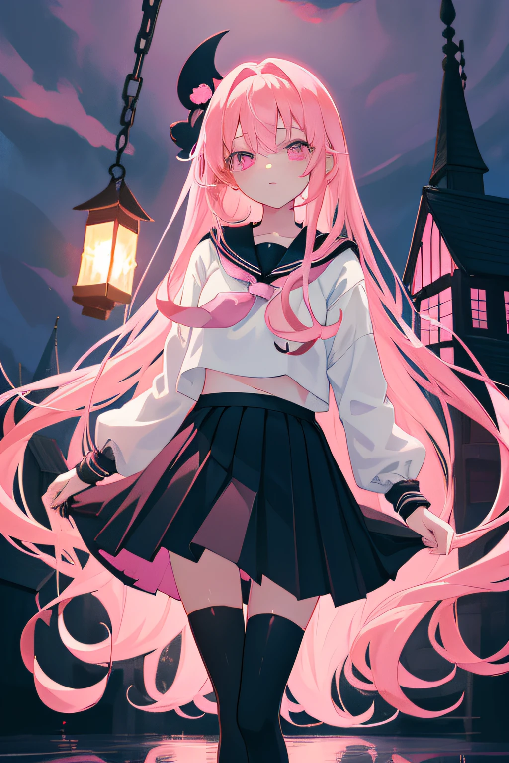 dreamy, A beautiful girl, anime style girl, pink eyes, long pink hair, wearing black sailor suit, long sleeves, black skirt, black stockings, pink, and black, holding lantern, in the old house, scary, dark, in night