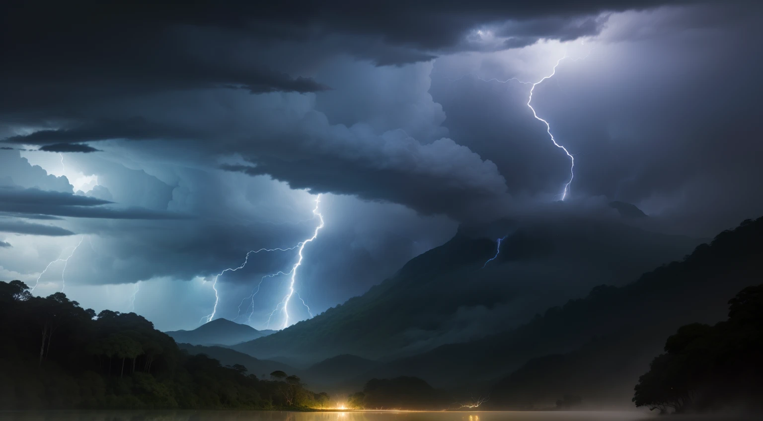 Strong storm in the rainforest with lightning and thunder