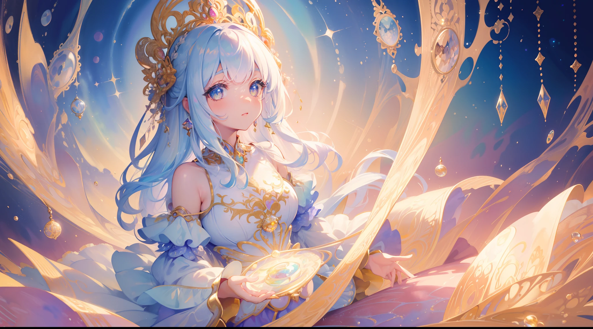masterpiece, best quality, 8k resolution, sharp focus, intricate detail, beautiful girl, sparkling eyes, golden ratio face, otherworldly liquid, watercolor, pastel colors, bright colors, whimsical, colorful, sharp focus, high resolution, fine detail, ((layered tiered puffy long sleeves ballgown)), ((round eyes)), iridescent bubbles, fantasia background