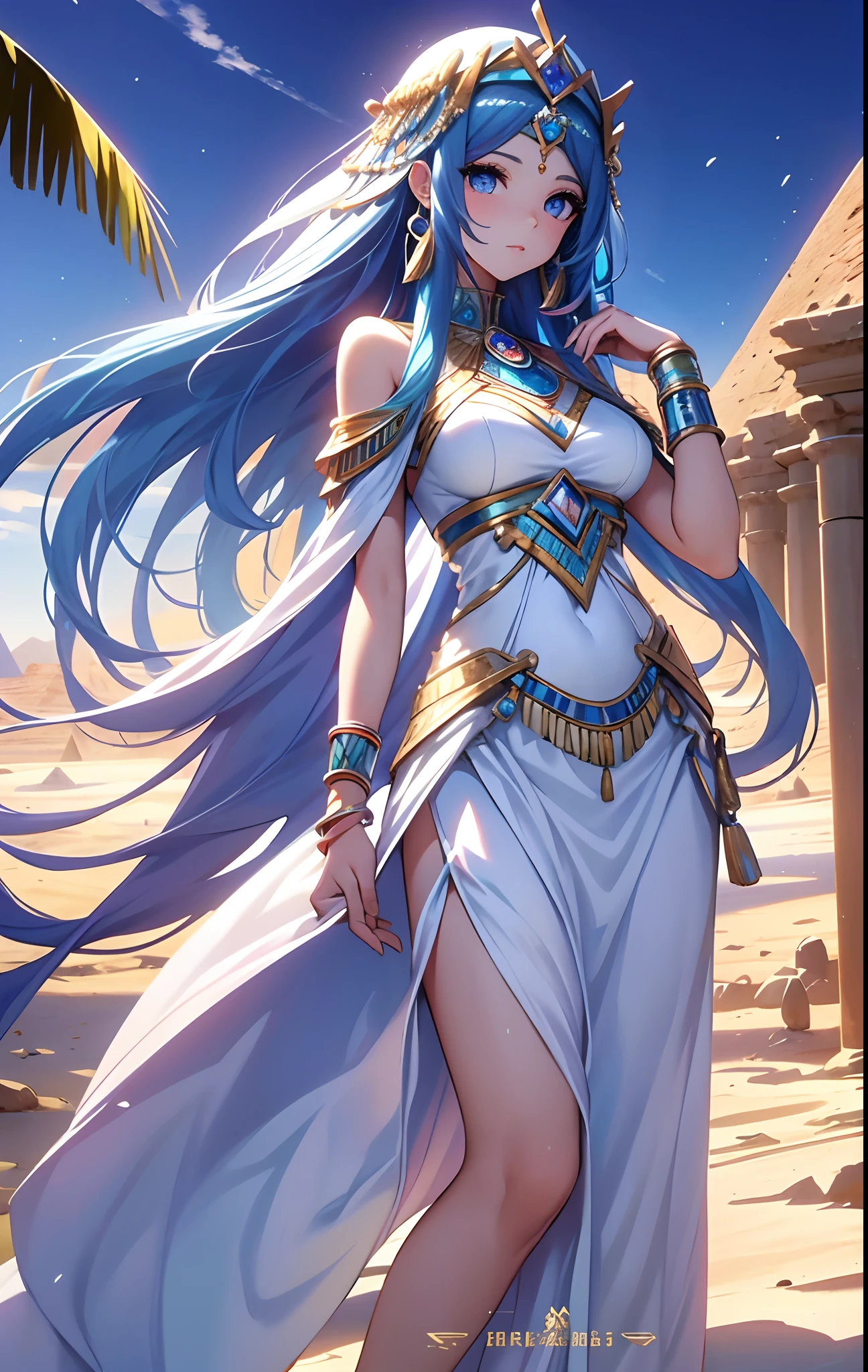 best qualityer，tmasterpiece，Ultimate resolution，downy，Extremely colorful，Colorful，Oasis background，Ancient Egyptian woman，Long azure hair，a matural female，Long white dress in Egyptian style，a white long skirt，Desert oasis，Nile River，Normal posture