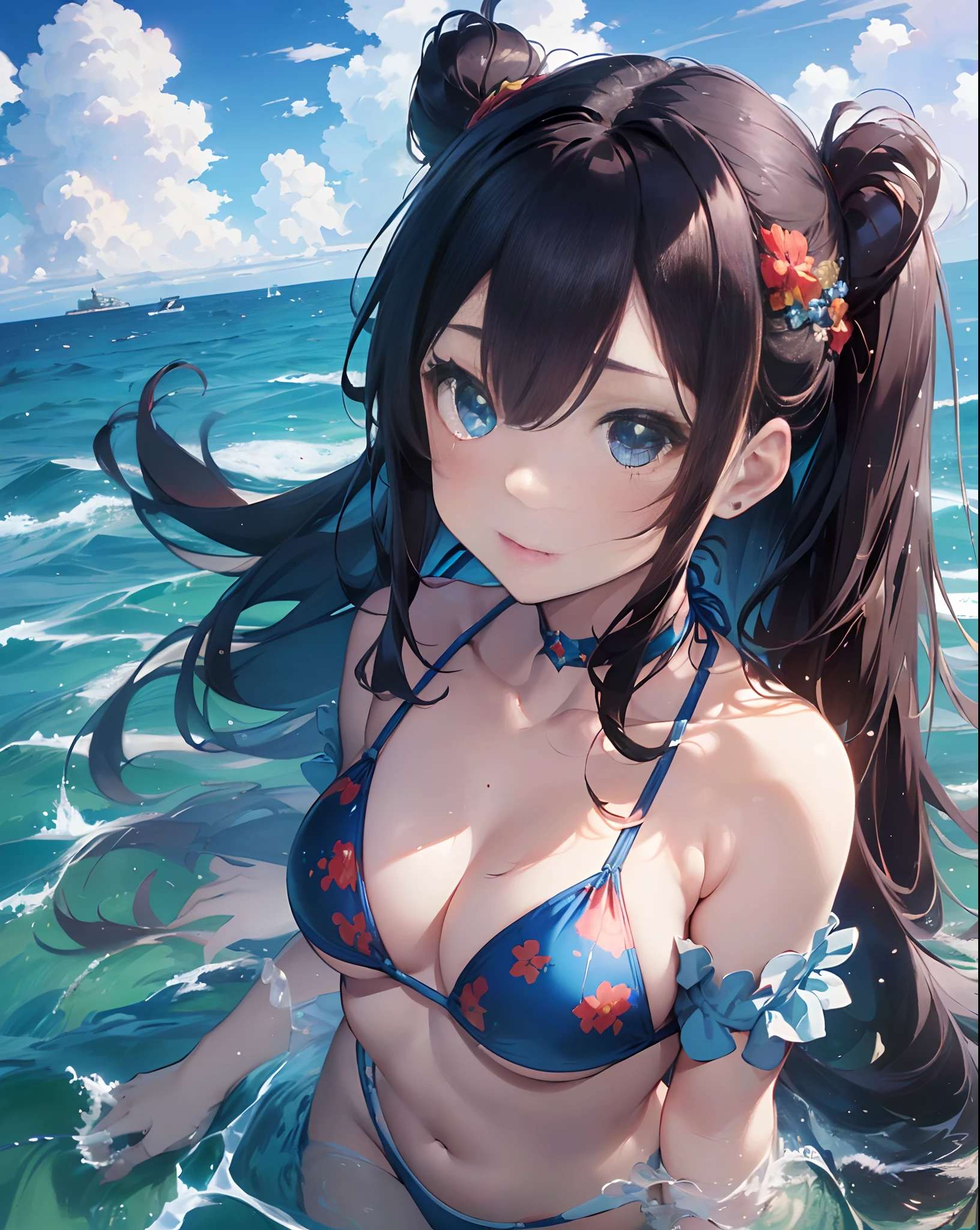 ((masterpiece))、((top-quality)、(Super Detail)、in 8K、Delicate depictions are filmed in anime style。
(Very long hair、Dark hair、Bright blue eyes)18year old、(Full body:1.3)、poneyTail、Bikini with red floral pattern、Into the cloud、sea side、Dazzling sun