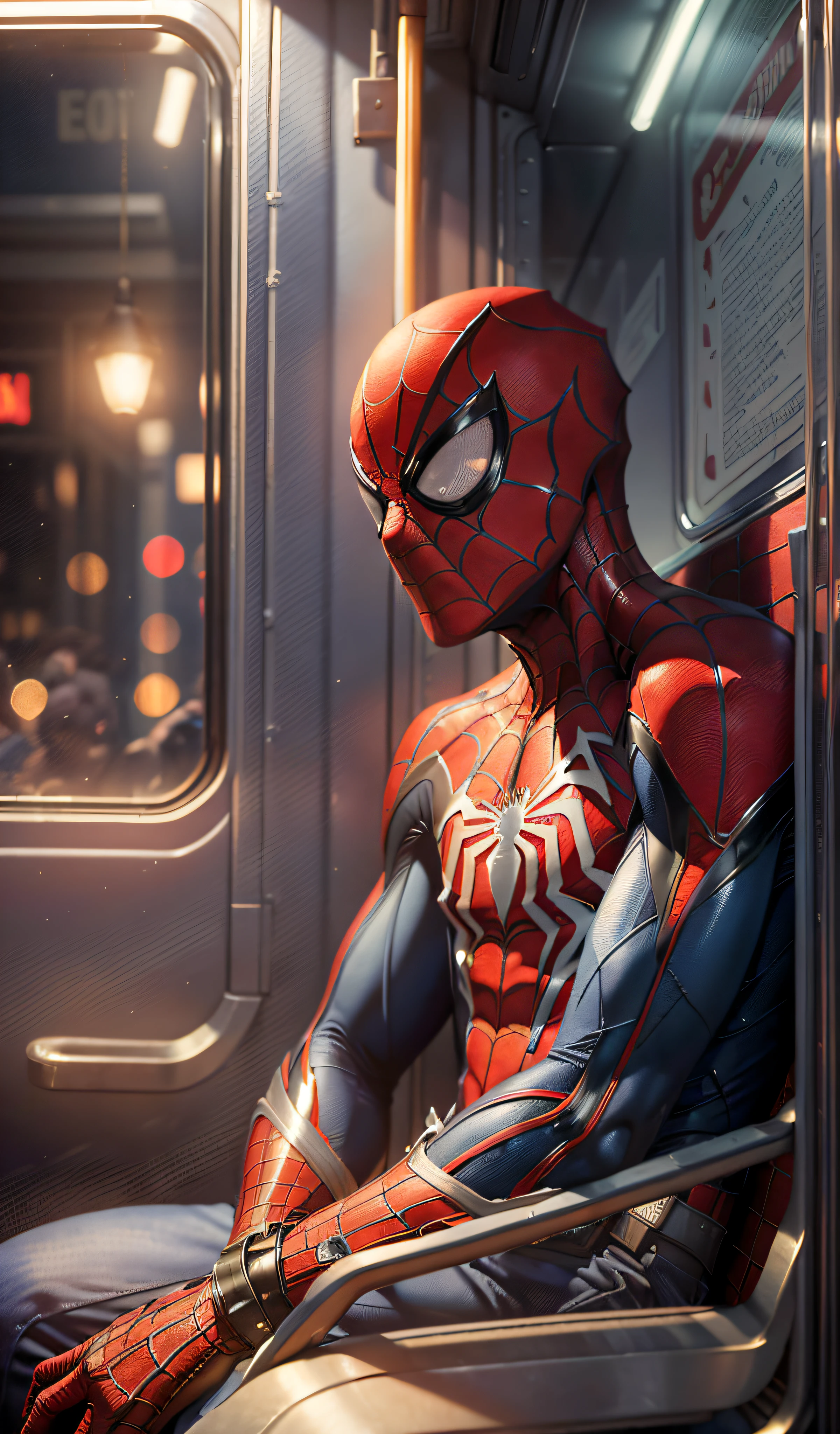 "((best quality)), ((masterpiece)), ((realistic)), Realistic, ultra-detailed portrait of Spider-Man sitting alone on a train during the night, in a cinematic environment, with atmospheric, low-key lighting, created in a high-definition, detailed digital painting on eye level, scenic, masterpiece