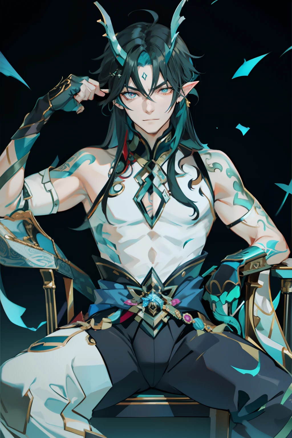 (absurderes,A high resolution,Hyper-detailing,hdr),Dragon's horn,younge boy,tmasterpiece,best qualtiy,1人,独奏,Handsome,Golden eyes,Fine eyes and detailed face,toppless,Tattooed with,arma,seated on a throne,pervert smirk,Abs,chest muscle,Raised sexy,Ruffian,Show your temperament,Male,masculine appeal,Male characteristics are distinct,Long messy hair,Arrogant self-confidence,Sitting majestically on the throne,Legs crossed