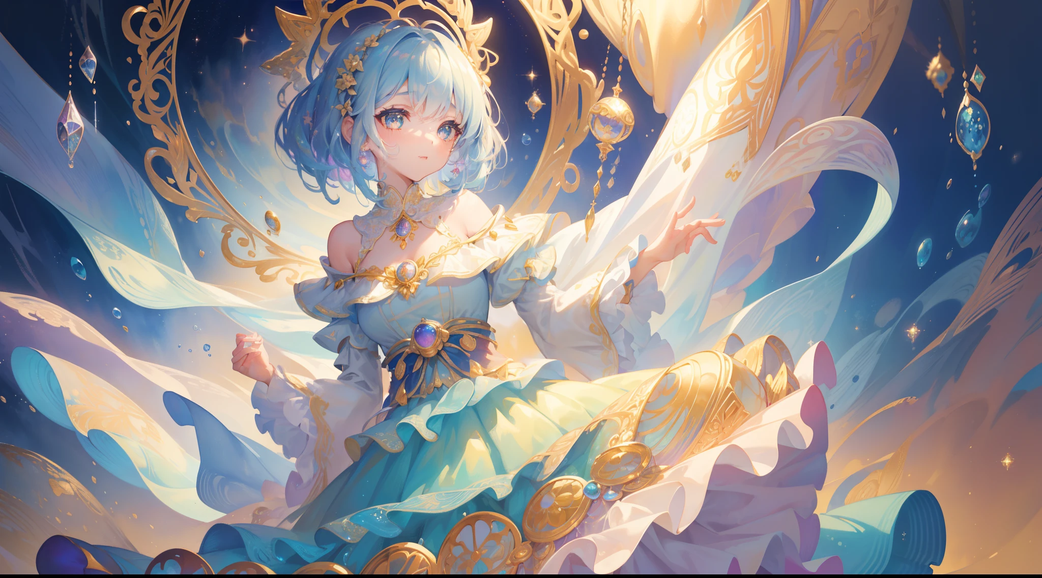 masterpiece, best quality, 8k resolution, sharp focus, intricate detail, beautiful girl, sparkling eyes, golden ratio face, otherworldly liquid, watercolor, pastel colors, bright colors, whimsical, colorful, sharp focus, high resolution, fine detail, ((layered tiered puffy long sleeves ballgown)), ((round eyes)), iridescent bubbles, fantasia background