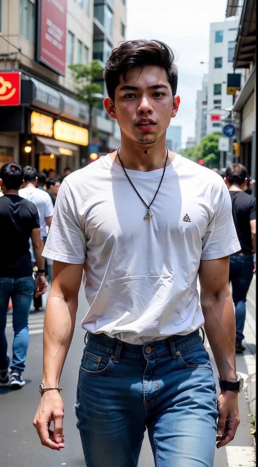 Malay teen boy age 23 years old wearing white tops and jeans walking in the busy street,
