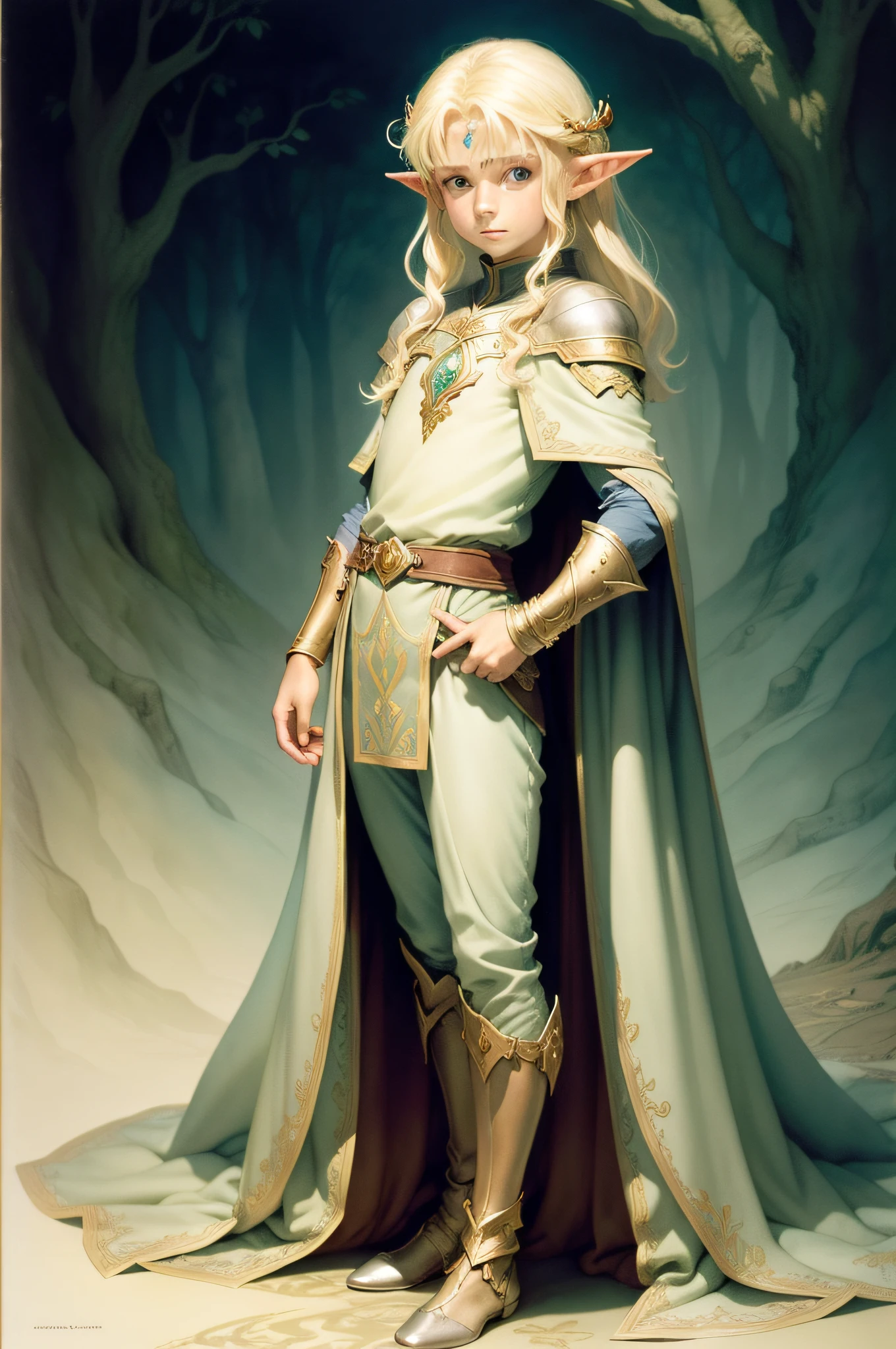 elf 12 years old, blonde hair, wearing merdiaval fantasy elf outfit,, full body, light watercolor wash, style by Tony DiTerlizzi Brian Froud,