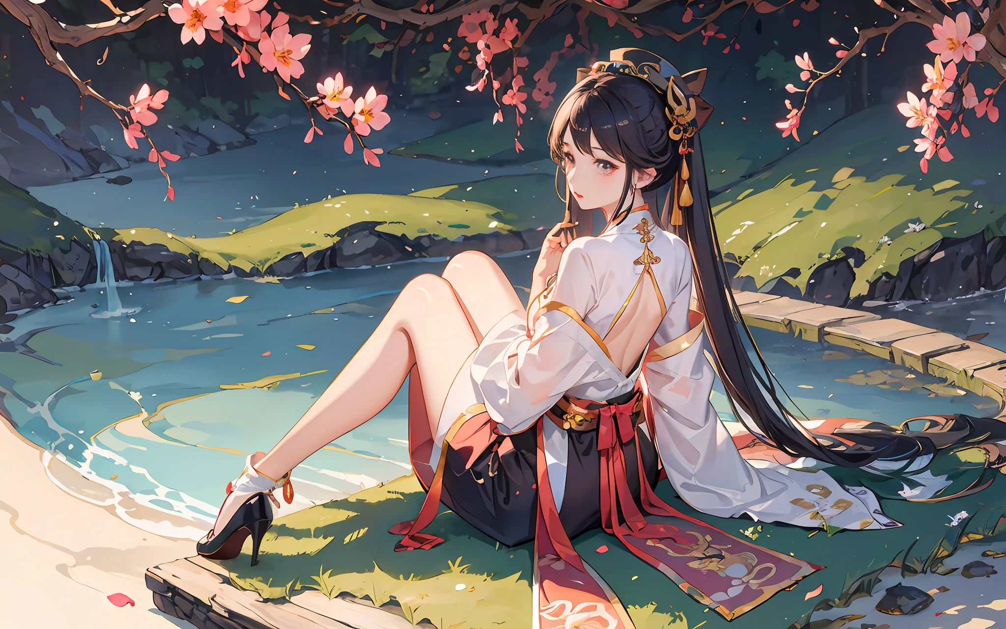 one-girl,at centre,sat on the ground,Reddish-brown gradient double ponytail,Wears a black Chinese shirt with a pattern and a long back hem,The back hem pattern is the other side flower and lily。Wearing a Qiankun Taigua hat,There is a black bow on the back of the cap,The material of the hat is on the hard side,The obverse is decorated with the emblem of the Past Life Hall。This hat was passed down to Walnut by seventy-five generations of parishioners,Walnuts spend a day and a night,Took it upon yourself to change the old hat to your own size。I cherish my hat。Plum blossoms on the side of the hat,It is taken from plum trees planted by walnut himself 。Red plum pupils,The slender fingers are coated with jet black nail polish,Black robe and waist,Wear shorts, short white socks, black shoes,Has long, white legs,Red knots are tied on the legs,The eye of God is behind it。