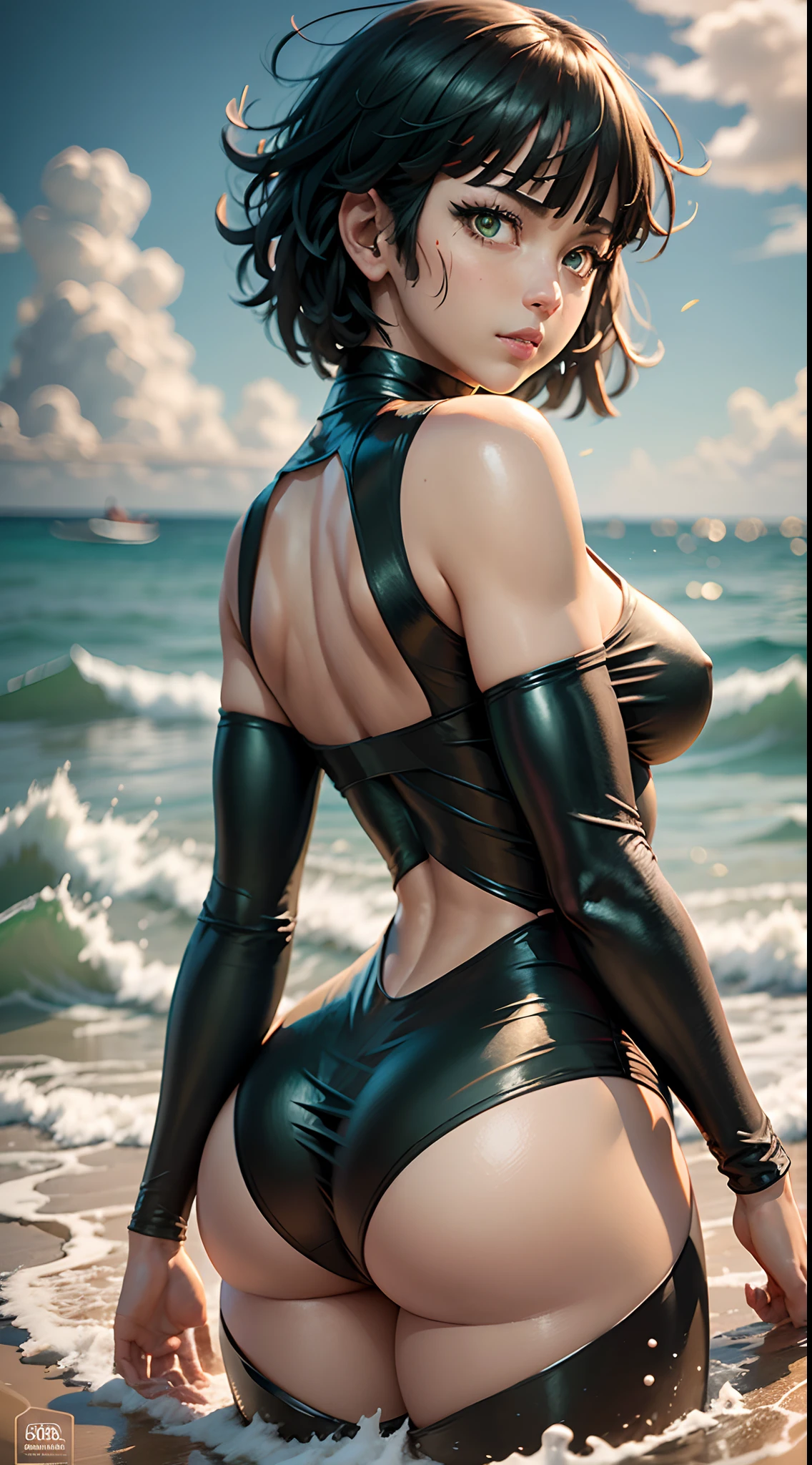 (Obra maestra, Vibrante escena de playa:1.2), (Fubuki de One Punch Man:1.5) , (Enjoying a sunny day:1.1), (con un bikini negro de tanga:1.4), (Well-endowed bust and curvilinear melt:1.4) , (cuerpo proporcional a pesar de su baja estatura:1.1), (Photograph taken from behind to highlight your buttocks:1.5) , (Slowly turning to look at the camera:1.2), (playful expression:1.1), (capturando su belleza y confianza:1.1), (Ambiente junto al mar:1.1), (Refreshing ocean waves:1.1) hiperdetallado, Detalles locos, bellamente graduado de color, Motor irreal, DOF, Super-Resolution,Megapixel, Cinematic Lightning, Antialiasing, FKAA, TXAA, RTX,SSAO,Procesamiento posterior, Post Production, Mapeo de tonos, .cgi, VFX, SFX, insanely detailed and intricate , Hiper maximalista, hiperrealista, volumetic, fotorrealista, ultra fotorrealista, Ultra detallado, Detalles intrincados,8k, Super detailed , a todo color, volumetric illumination, HDR, realista, Motor irreal, 16k, foco nítido. Renderizado de octanaje