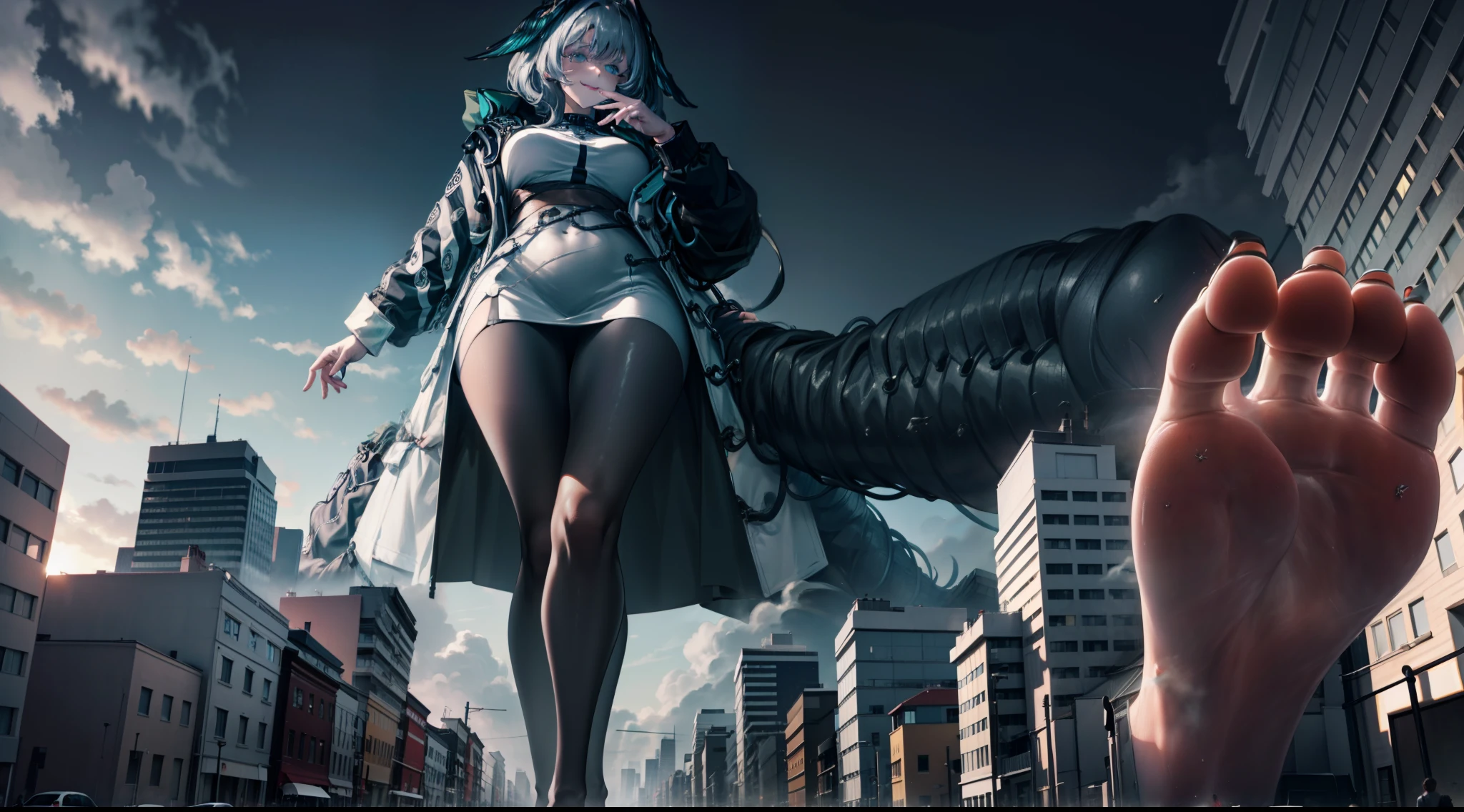 (Masterpiece:1.21), (Best quality:1.1), ((super detailing)), (hyper qualit), (Extremely delicate and beautiful:1.21), 8K,(8K:1.2),(Highest high resolution:1.2),giantess art,(best qualtiy),(tmasterpiece:1.1), (a color:0.9),Clear and sharp,Look at the viewer,Nice looking feet,make happy expressions,softl smile,chaste,Beautiful detailed face and eyes,(There is only one giantess),giantess art,(Mature giantesses have huge breasts:1.2),(The giantess wore stockings on her feet:1.2),(The giantess does not wear shoes),(The giantess is 100 meters tall),(At the feet of the giantess there is a group of people:6.0), (The crowd was only as tall as the giantess's toes:6.0),(In the city),(The giantess was soaked in sweat:3.0),(The giantess was soaked),The giantess has a sense of oppression