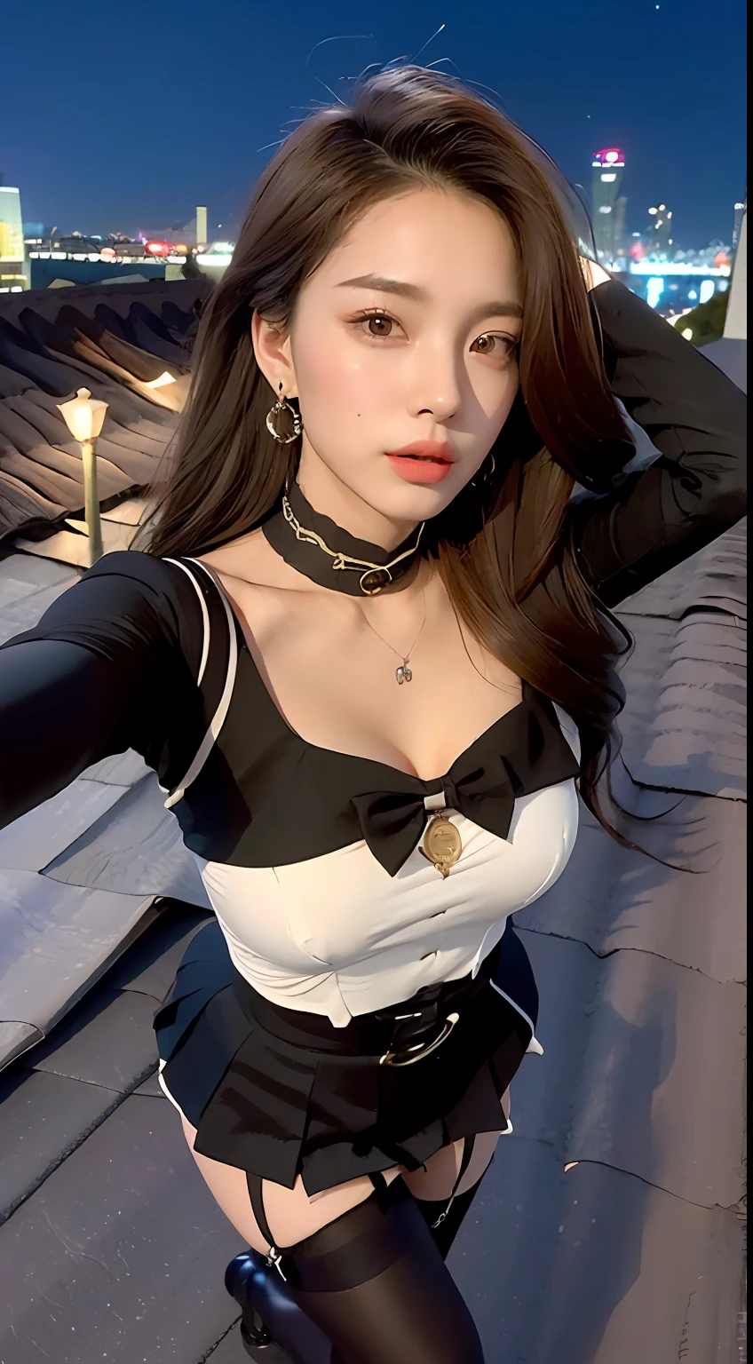 ((midynight, Need, 8k, tmasterpiece:1.3)), full bodyesbian, Long legs, Focalors:1.2, perfect figure beautiful woman:1.4, Slim abs:1.1, ((Dark brown hair, huge tit:1.2 (plumw))), (Low neck uniform, black lence stockings, standing on your feet:1.2), ((city night scene, the roof:1.3)), Highly detailed facial and skin texture, A detailed eye, 二重まぶた