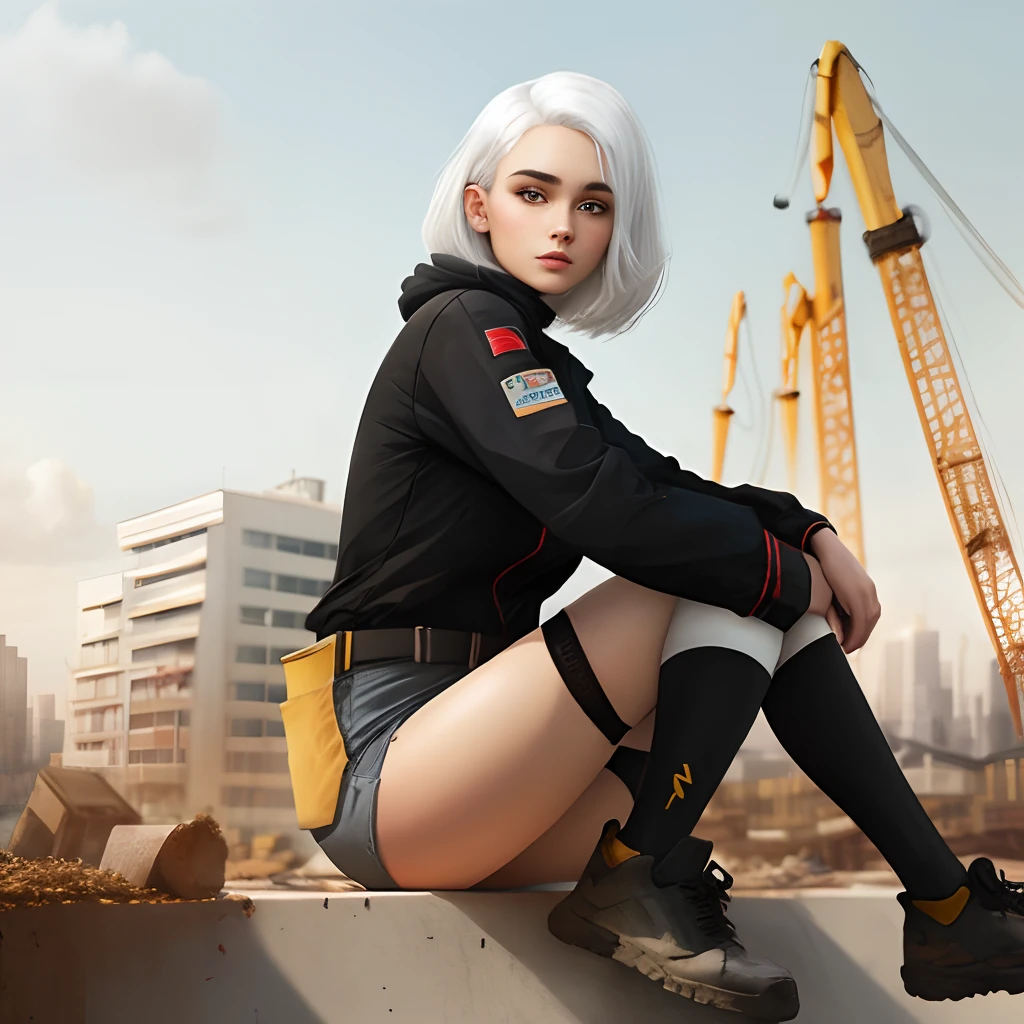 Construction site beauty feminine black stockings white hair