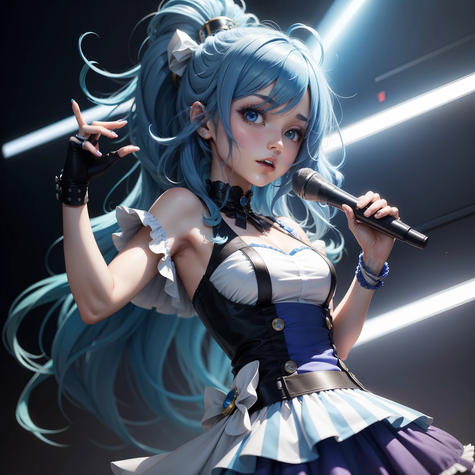 Personagem de anime idol, 2d, cantora com microfone, cabelo longo, azul, ultra detalhado, colorido