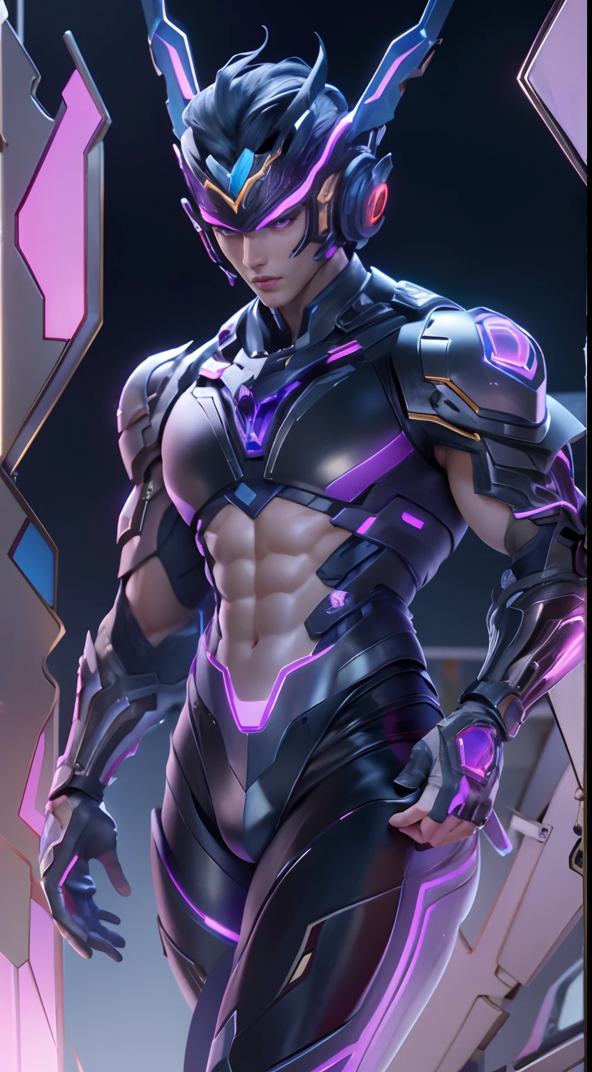 Sculpture design,Figures,GK model,(The whole body of the character),Expose muscles,(sexy for),(Exquisite base),The colors of the clothes are blue and purple,Transparent texture,Wu Yifan,Handsome cybernetic boy looking at camera lingerie detailed muscular reality masterpiece,musculous