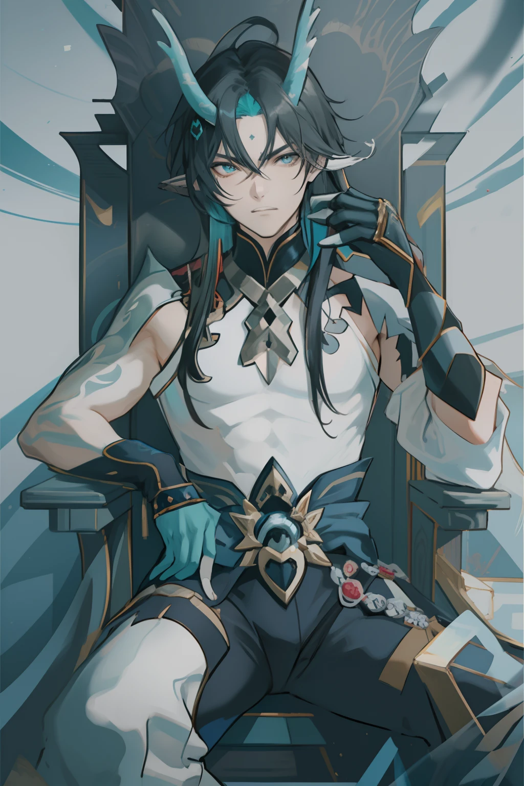 (absurderes,A high resolution,Hyper-detailing,hdr),Dragon's ounge boy,tmasterpiece,best qualtiy,1人,独奏,Handsome,Golden eyes,Fine eyes and detailed face,toppless,Tattooed with,arma,seated on a throne,pervert smirk,Abs,chest muscle,Raised sexy,Rian,Show your temperament,Male,masculine appeal,Male characteristics are distinct,Long messy hair,Arrogant self-confidence,Sitting majestically on the throne,Legs crossed